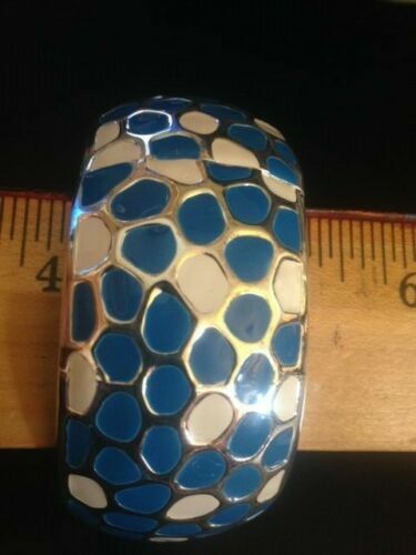 NEW RETRO Enameled Blue, White & Silver tone Bangle Bracelets 1.25″ wide – FUNKY