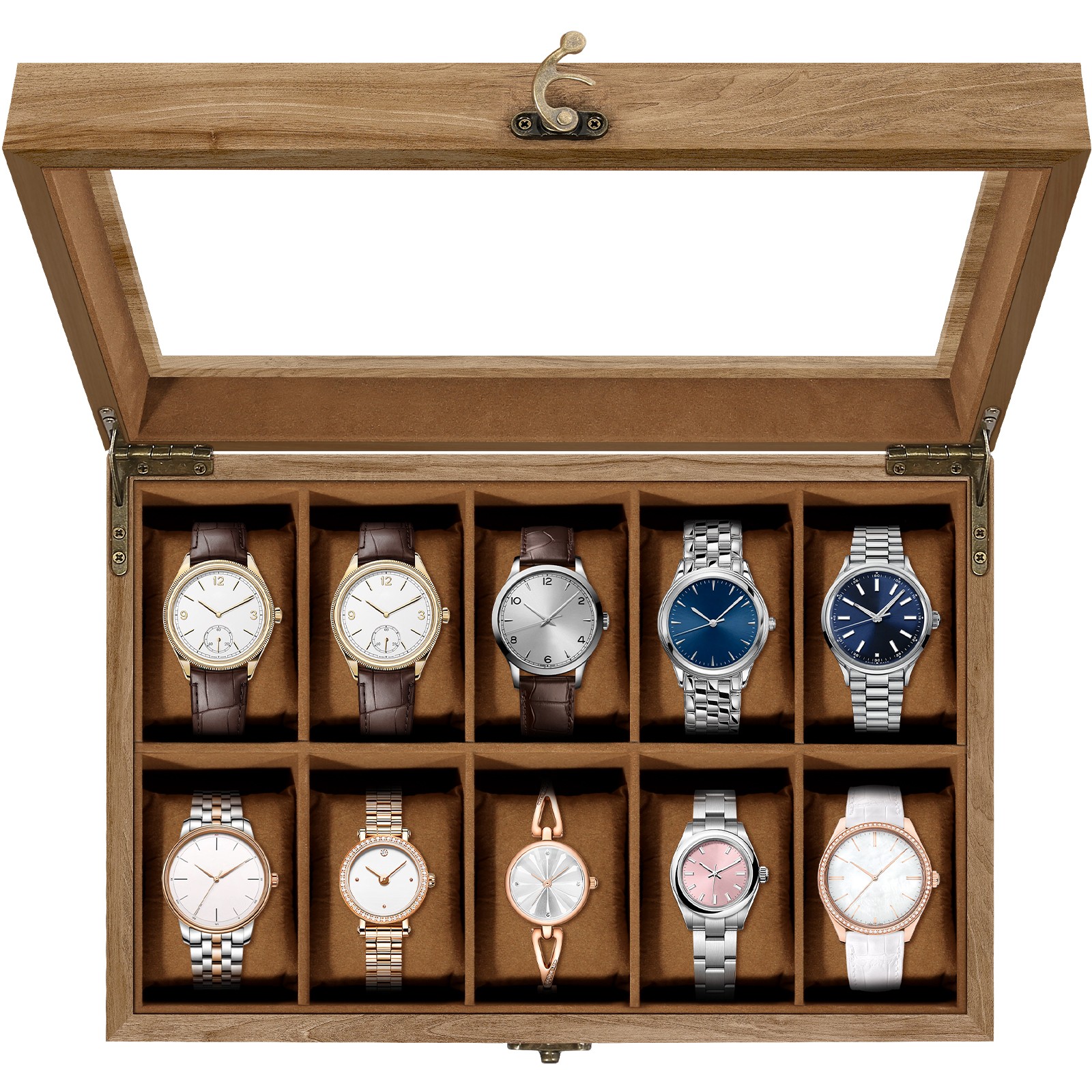 10 Slots Watch Box Wooden Jewelry Organizer Display Case with Glass Lid Gift