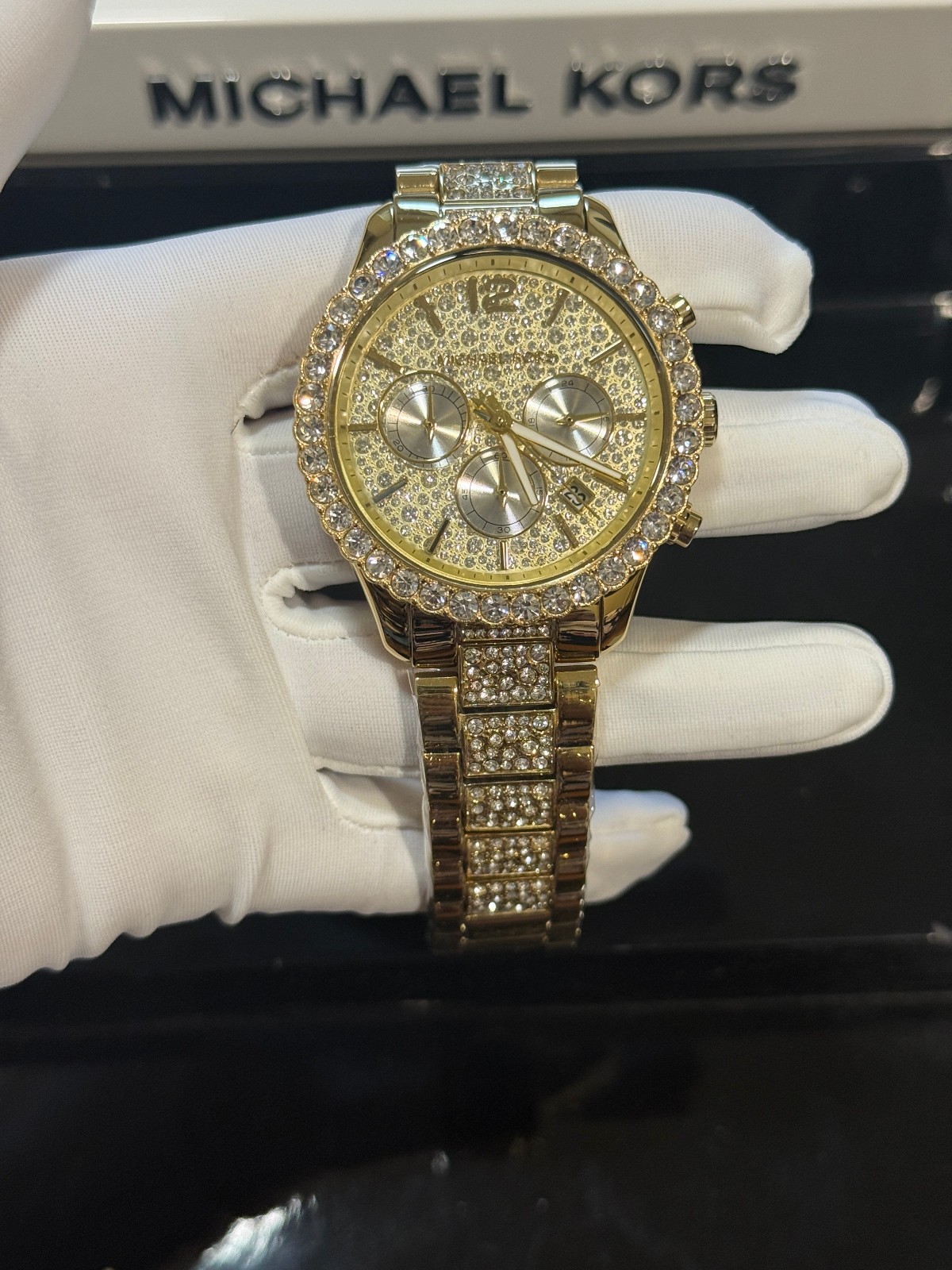NEW Michael Kors Oversized Layton Gold Glitz Crystal Women’s Watch MK6977 NIB