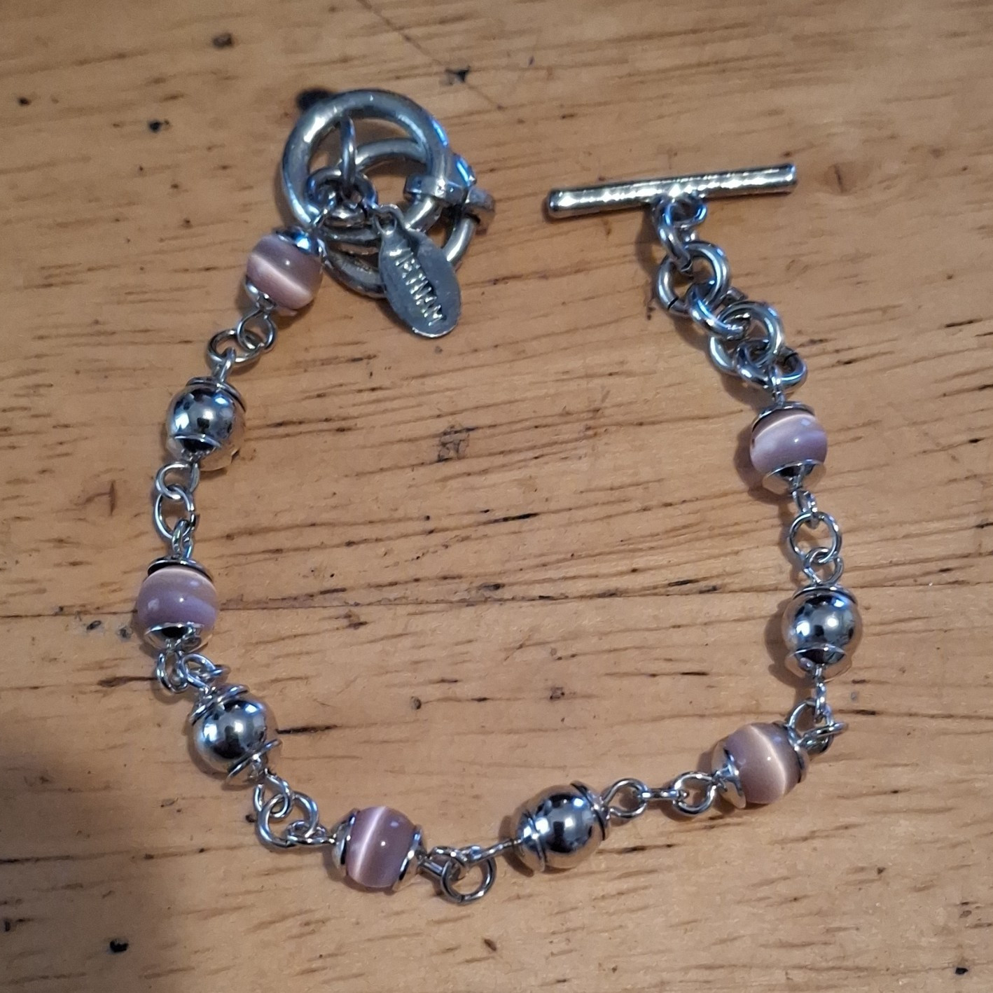 Silver Tone Cable Chain Bracelet Pink Round Glass Beads Toggle Clasp Signed