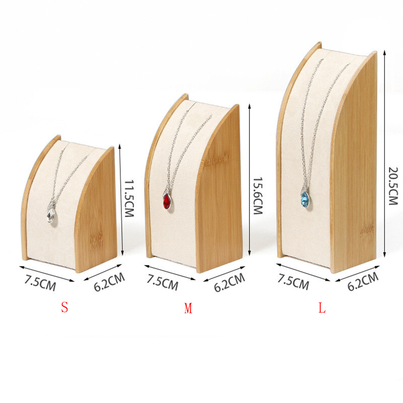 Bamboo Beige Velvet Jewelry Display Rack Storage Necklace Pendant Organizer
