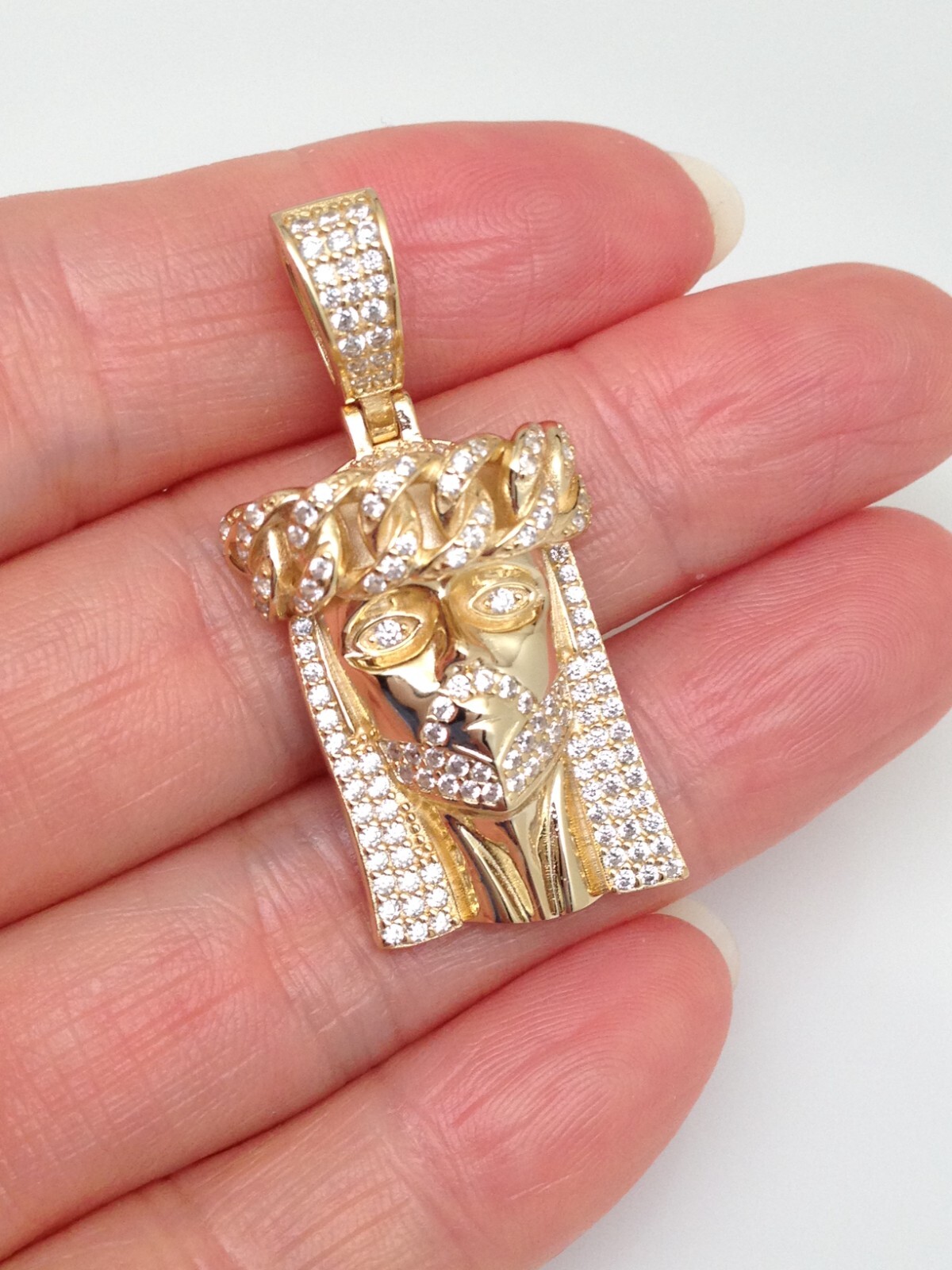 925 Sterling Silver Gold Jesus Head Face CZ Pendant Men 25mm(0.98″)/37mm(1.46″)