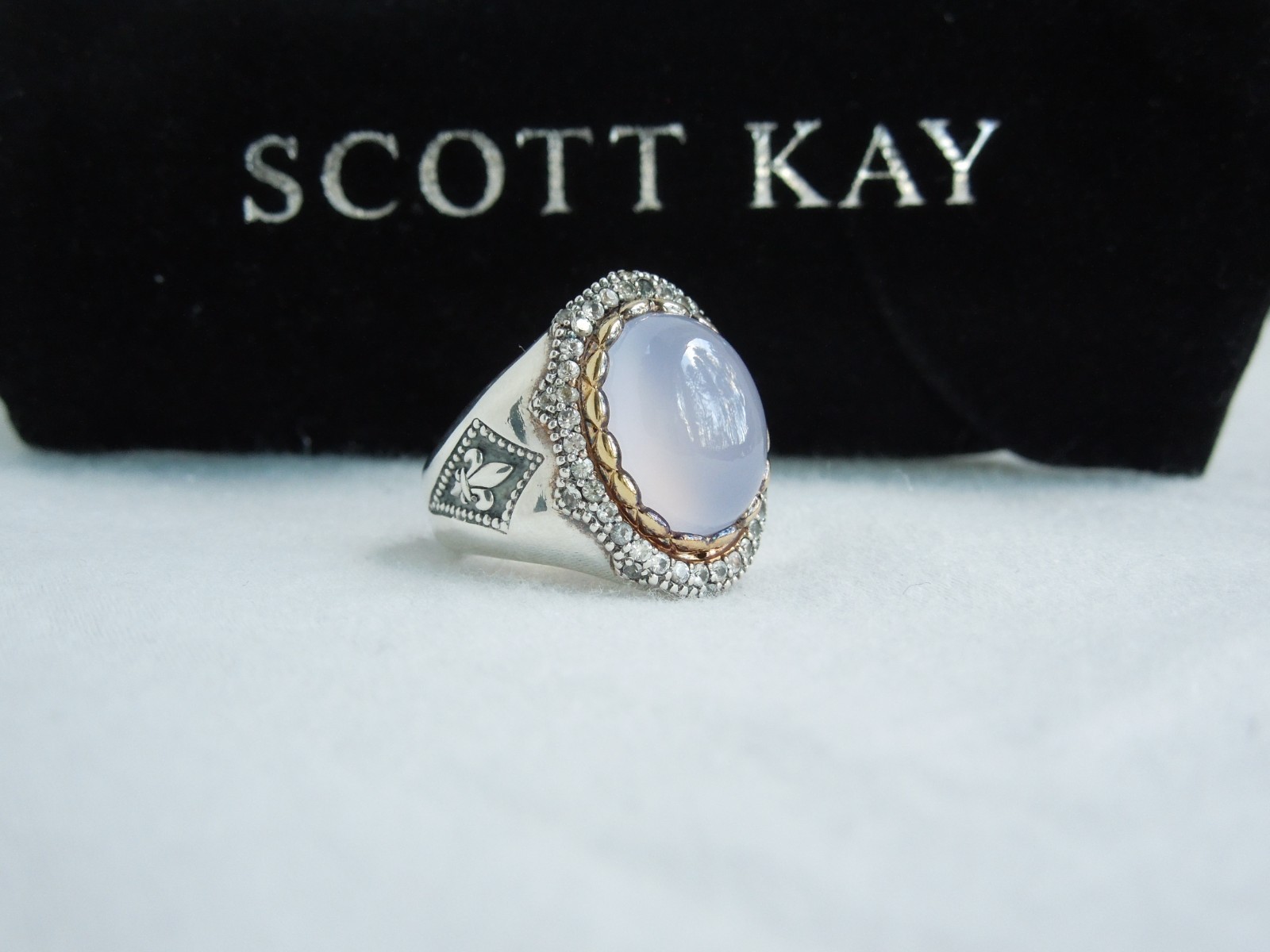 Scott Kay Blue Chalcedony & White Sapphire Gold Vermeil & Silver Ring sz7 $795