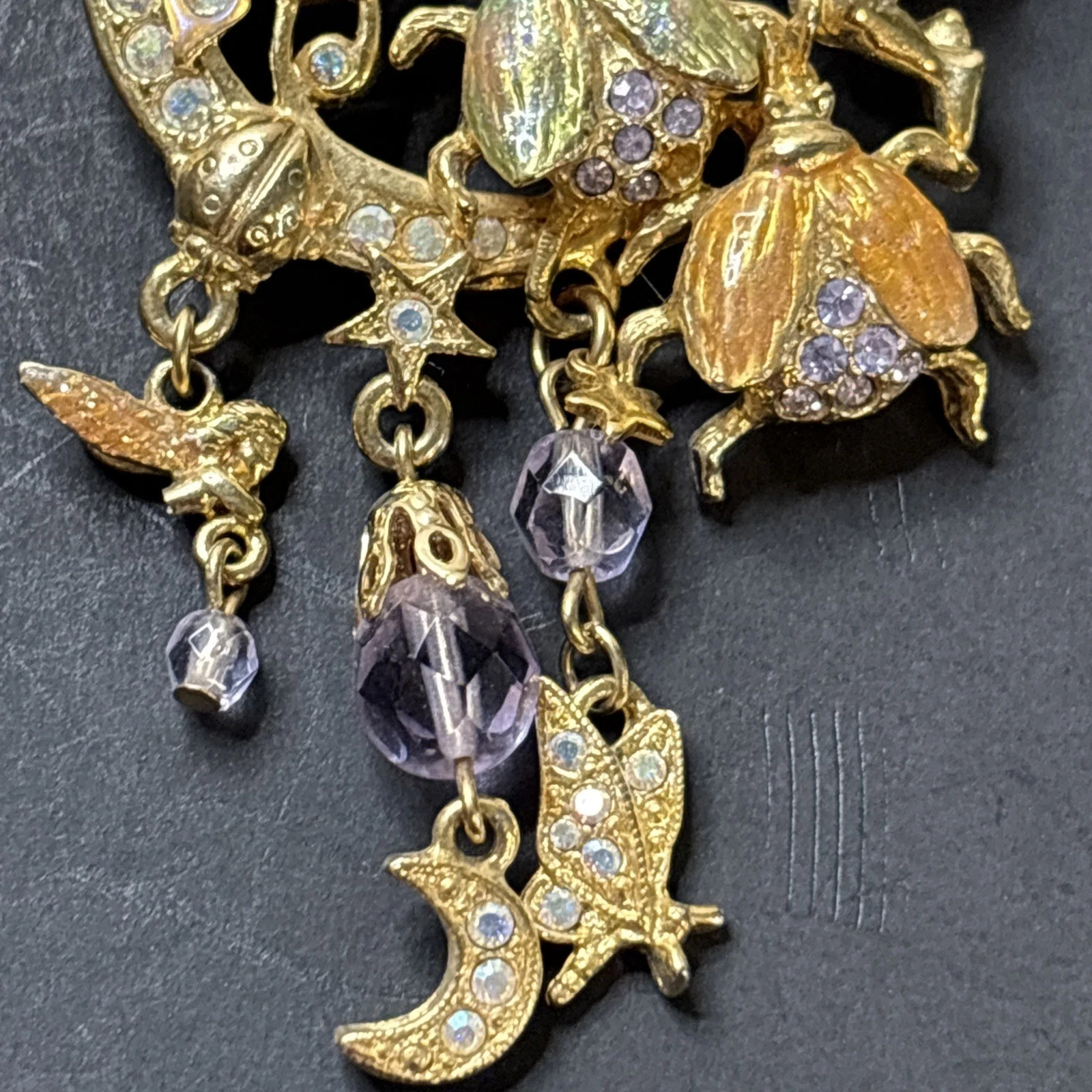 Signed Kirks Folly Fairy Fireflies Brooch Pin Dangle Stars Moon Flowers flies