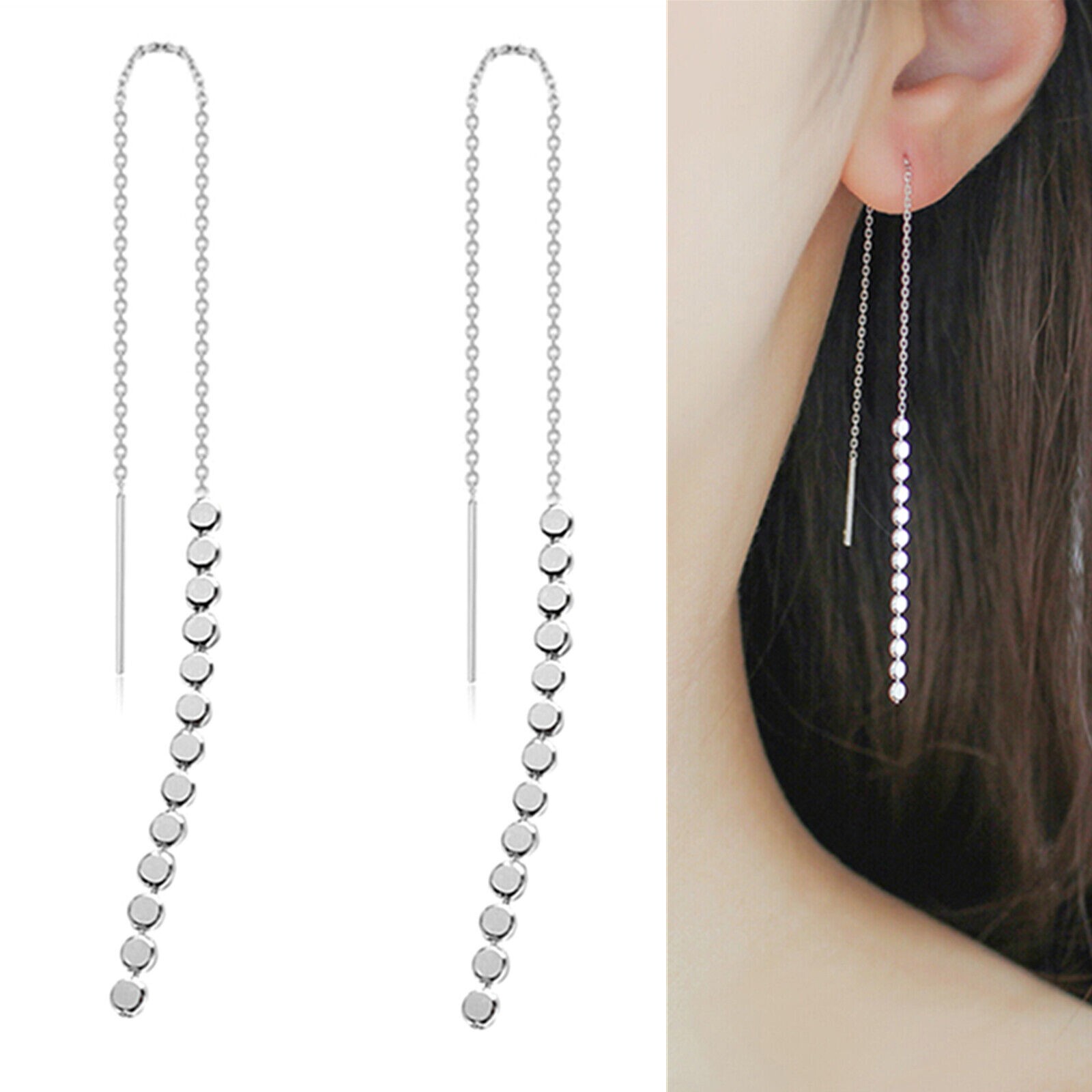 Women Sterling Silver Plated Pull Through Threader Dangle Disc Dots Earrings TH3