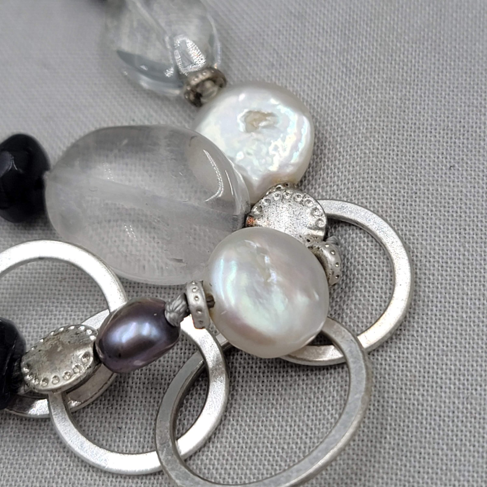 Black Gray White Beaded Necklace Silver tone Links Long 30 in