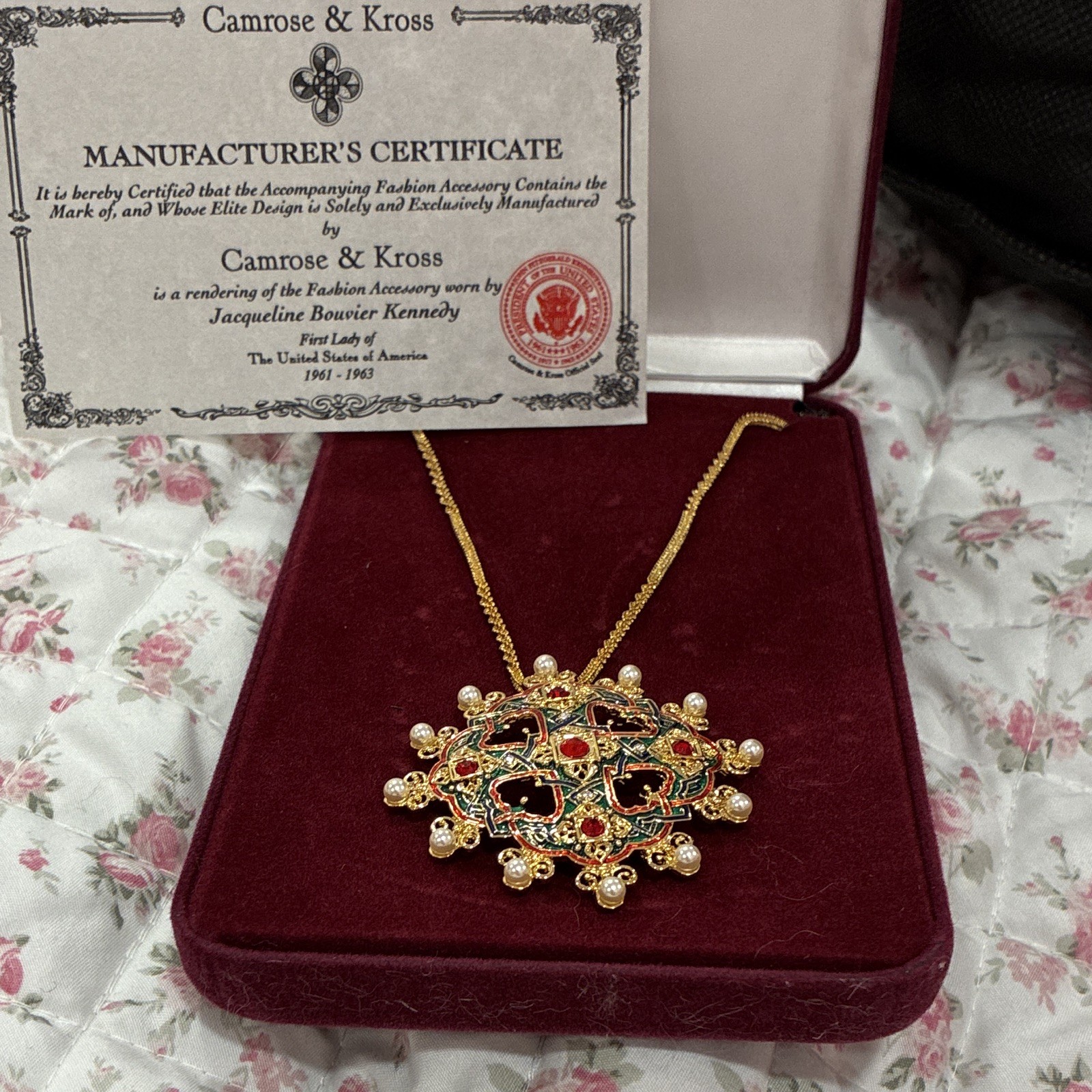 Camrose & Kross Gold Tone Enamel Pendant Necklace Red Crystal Pearl Adjustable