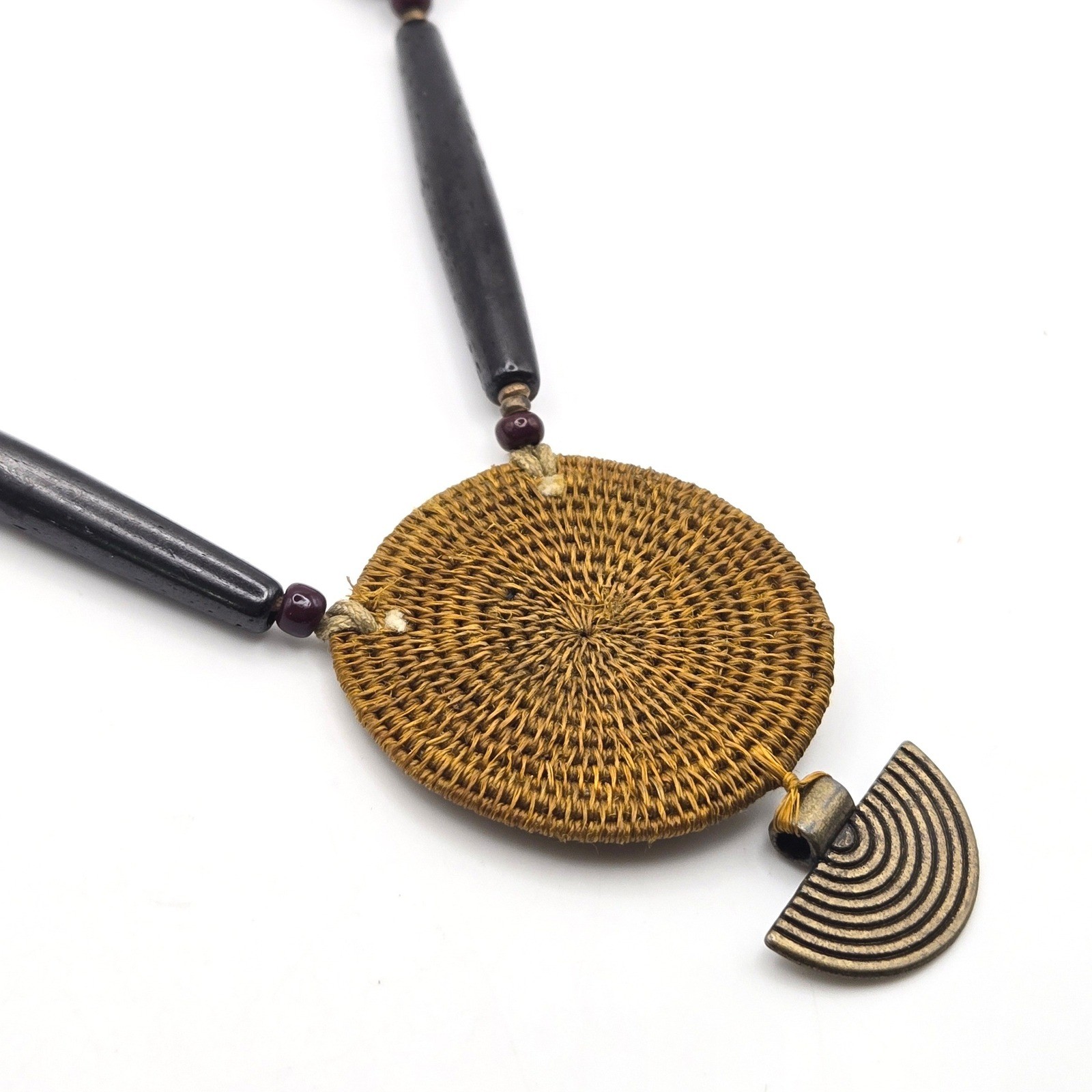 Artisan Woven Raffia Pendant Necklace Boho Tribal Mixed Media Brass Bovine Bone