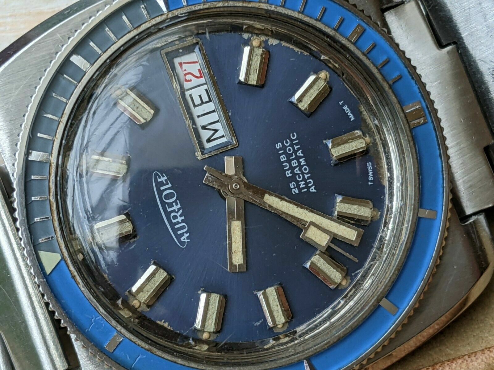 Vintage 1970’s Aureole 20 ATM Diver w/Blue Dial,Patina,All SS Case,AS 1906 Mvmt