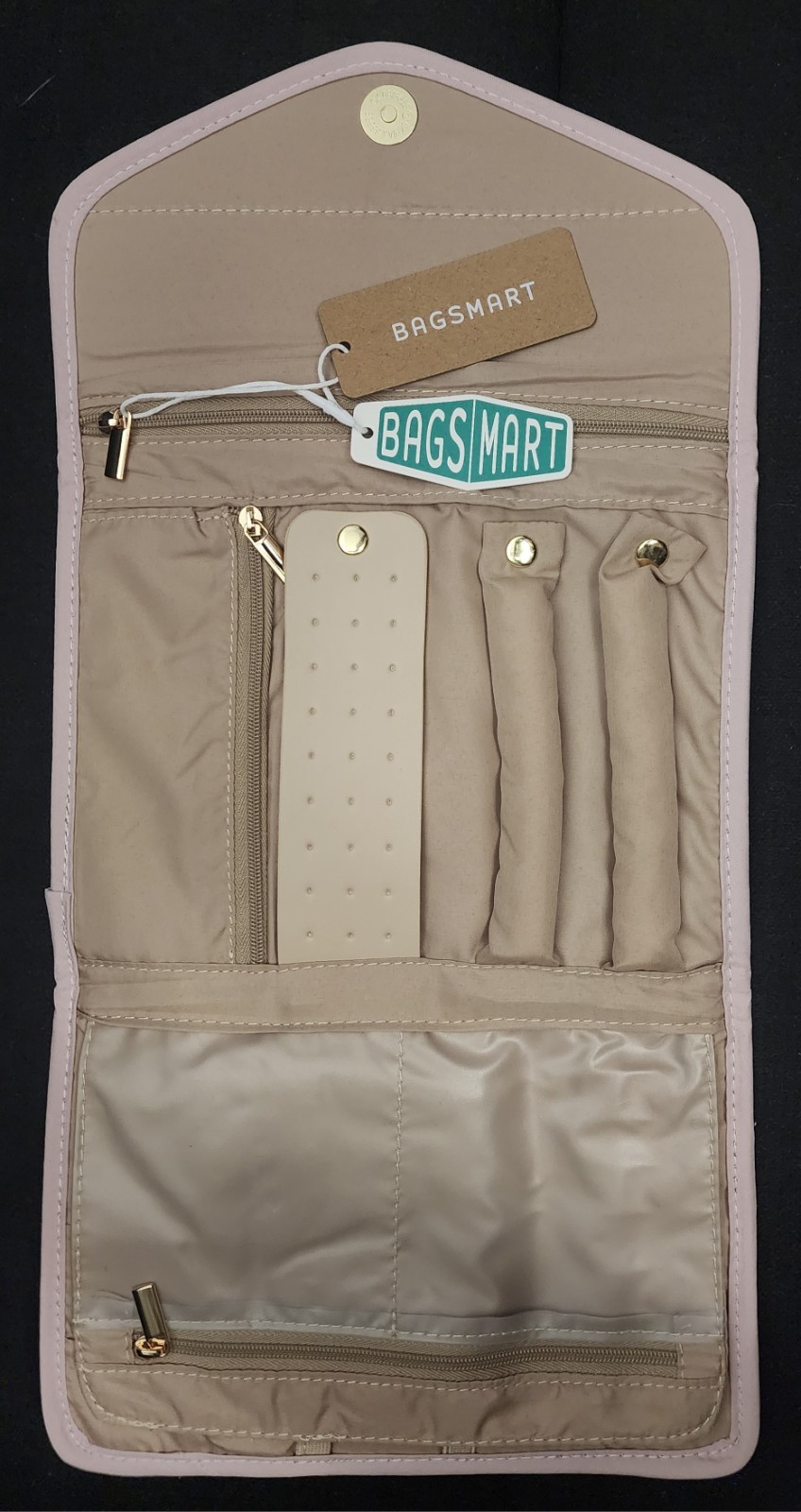 Bagsmart Beige Travel Jewelry Roll Organizer with Compartments & Zippered Pocke…