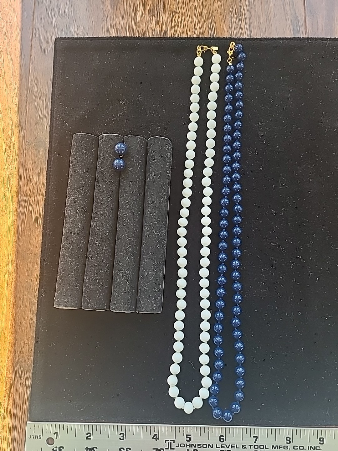 2 Monet Hand Knotted Glass Bead Necklaces Navy Blue White with blue earrings
