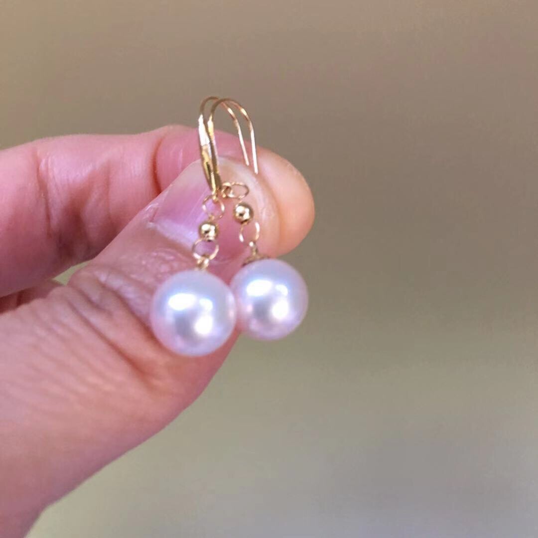 KG62 8.5mm Lovely Japanese Seawater Akoya Fairy Pearl Earring 18K Gold 31mm