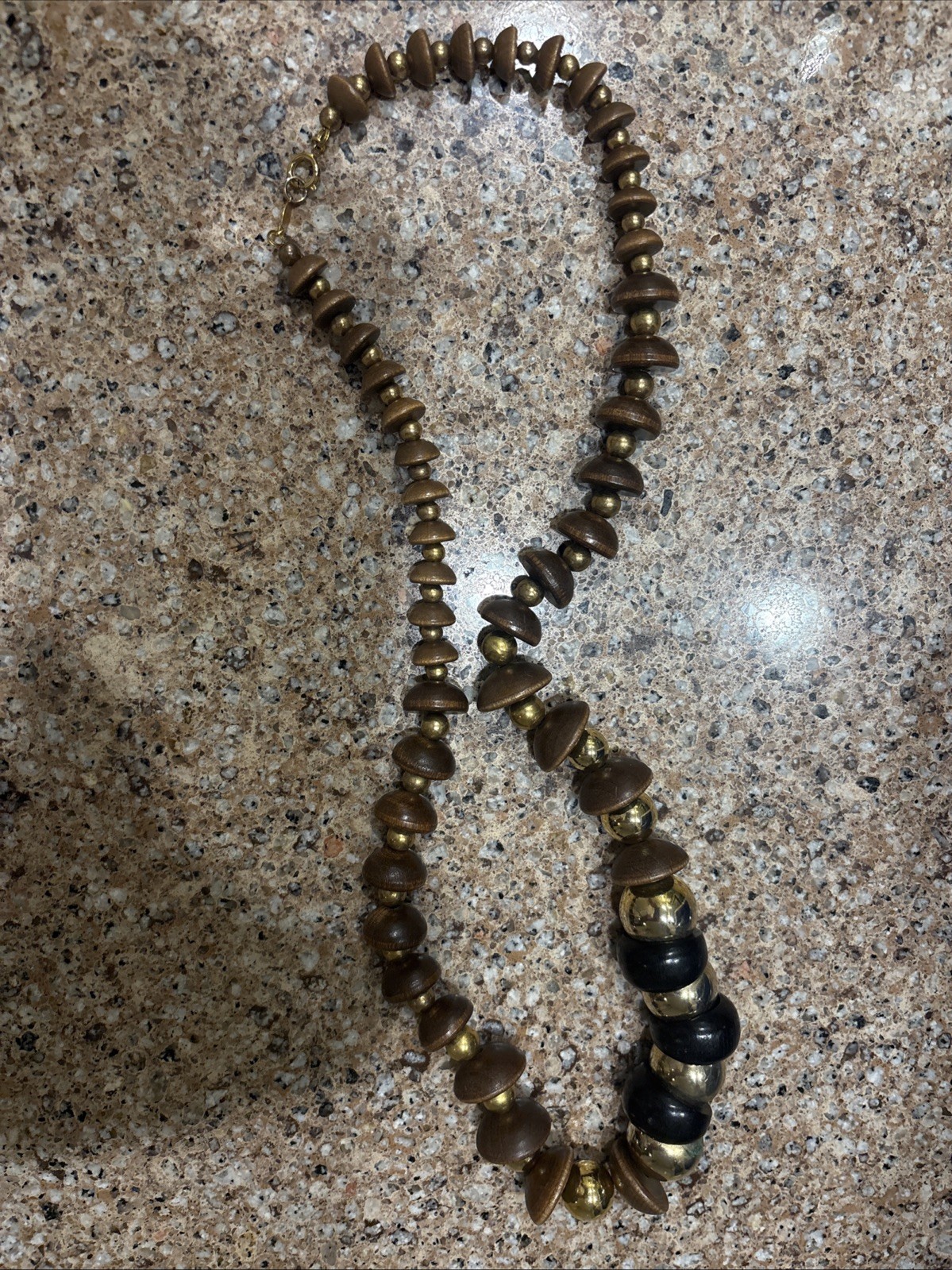 Vintage Mid-Century Modern Wood Disc Statement Necklace, Brass Spacer Boho Bead