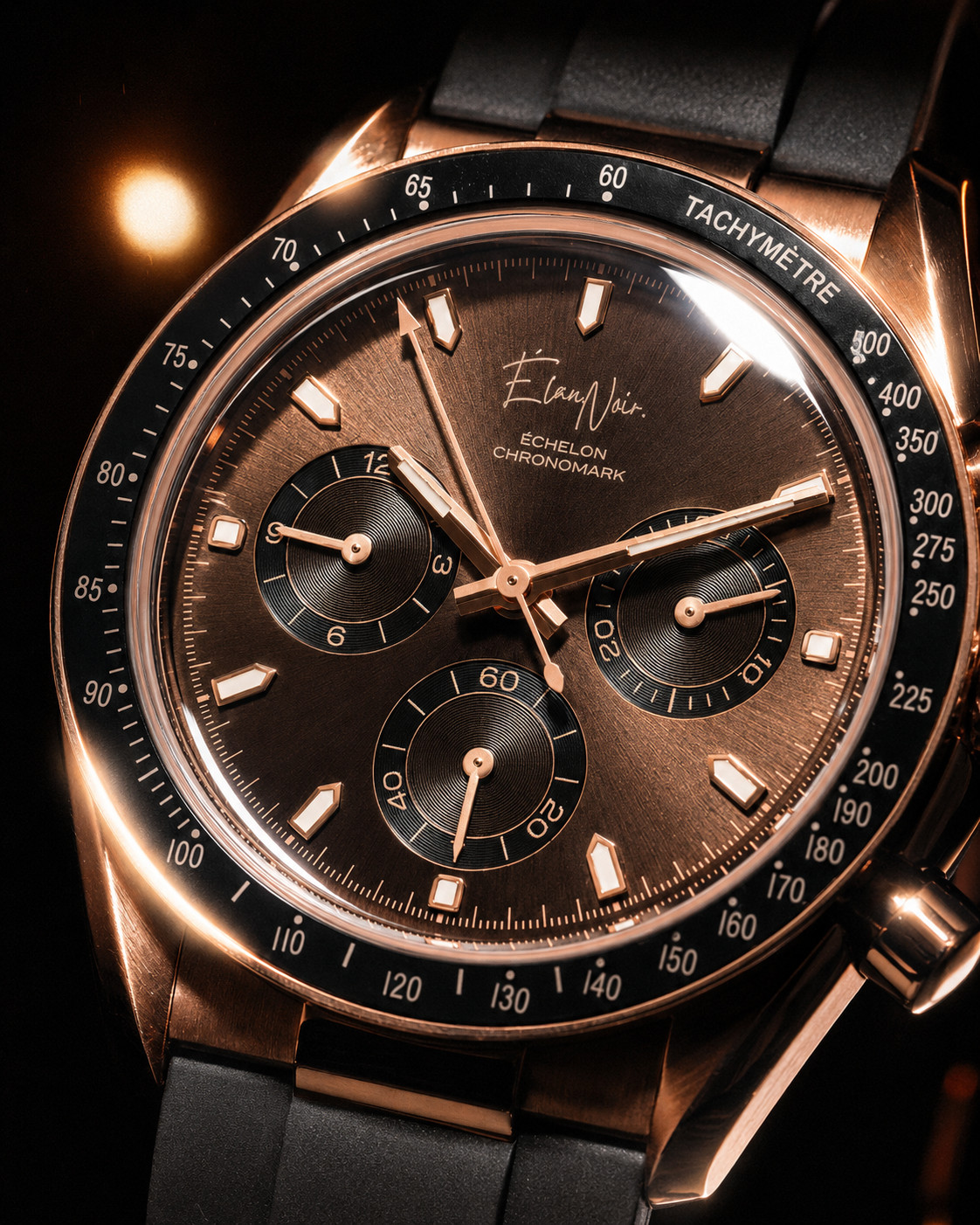 Élan Noir Chronograph Watch VK63 Brown Dial Rose Case SapphireCrystal Steel 40mm