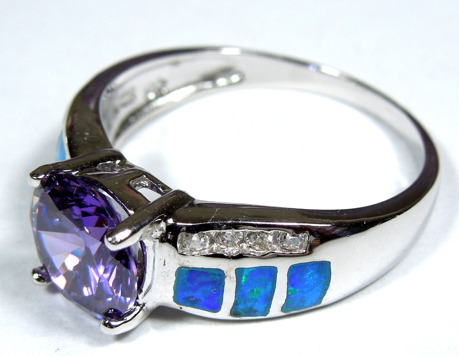 2 ct Amethyst & Blue Fire Opal Inlay 925 Sterling Silver Ring Size 6,7,8,9