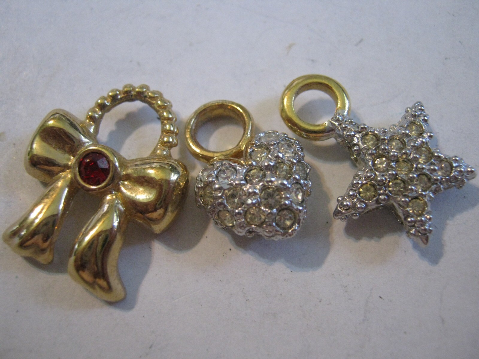 THREE Diff Yellow Gold Plated Charms w/ Rhinestones, Red Bow, White Heart & Star
