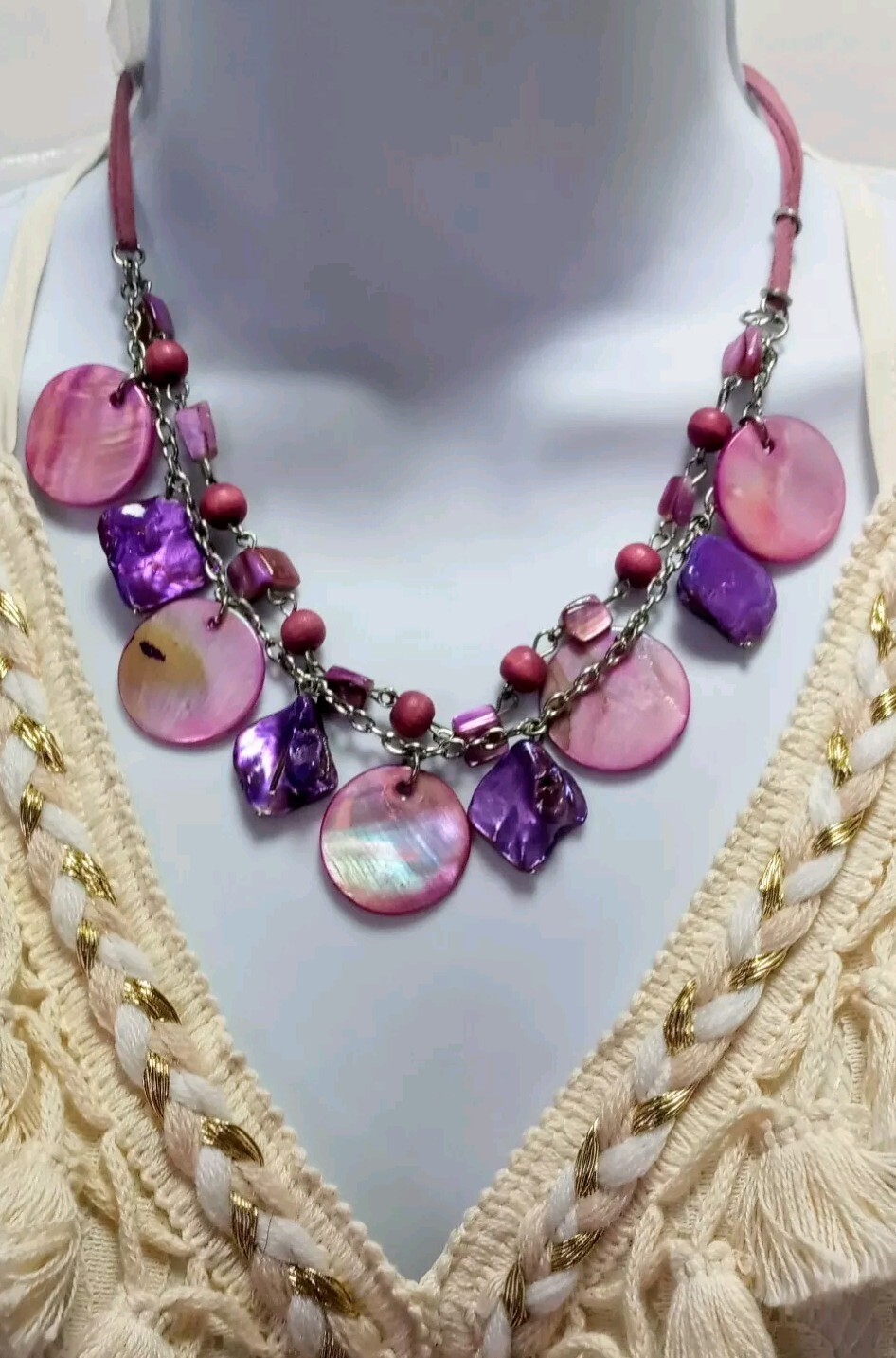 NOS Assorted 2 Strands Purple/Pink Mixed Shell Wood Beads Leather Boho Necklace