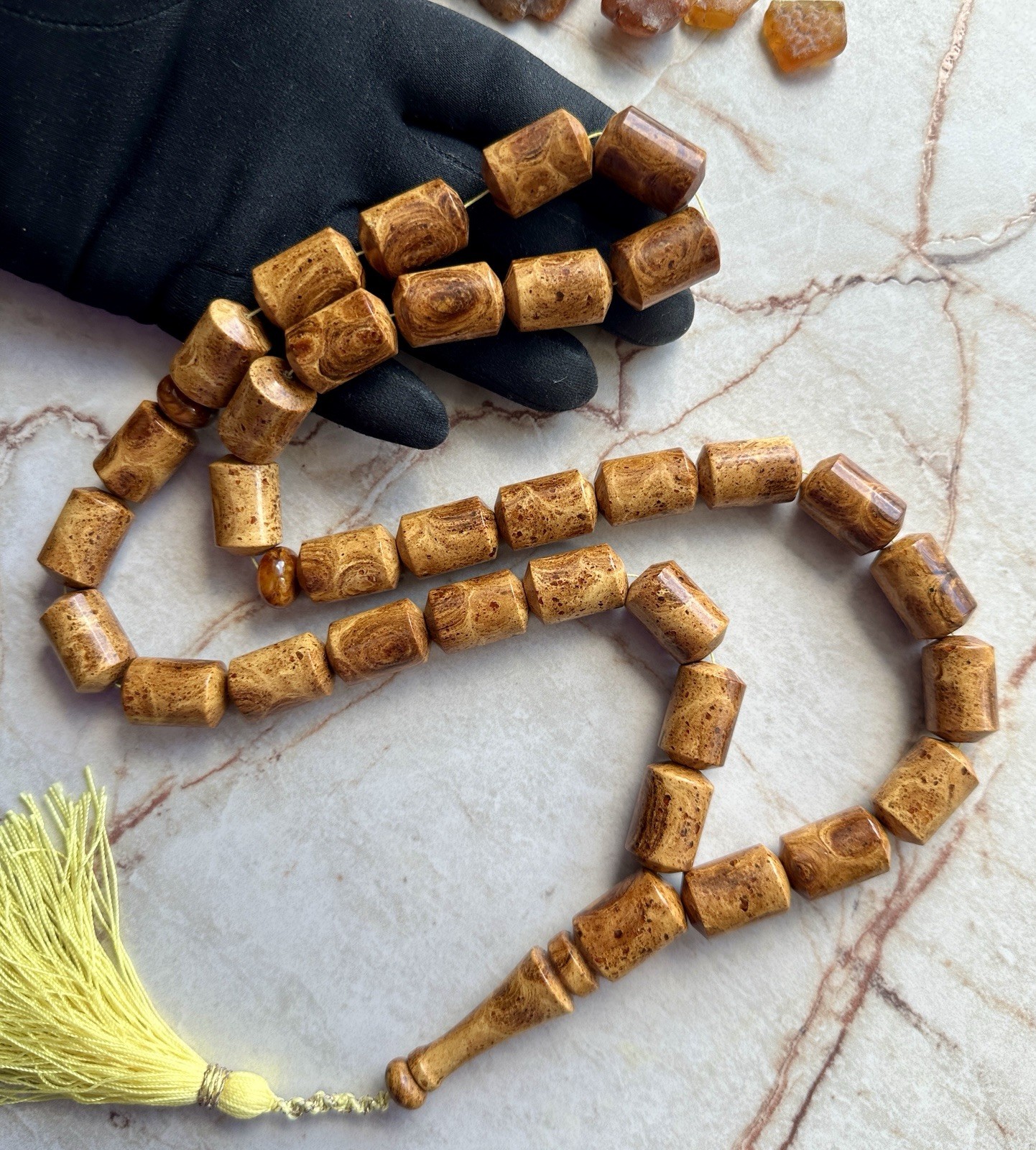 Big Baltic Amber 140g. Islamic Prayer Rosary Barrel 33 Brown Beads Pressed