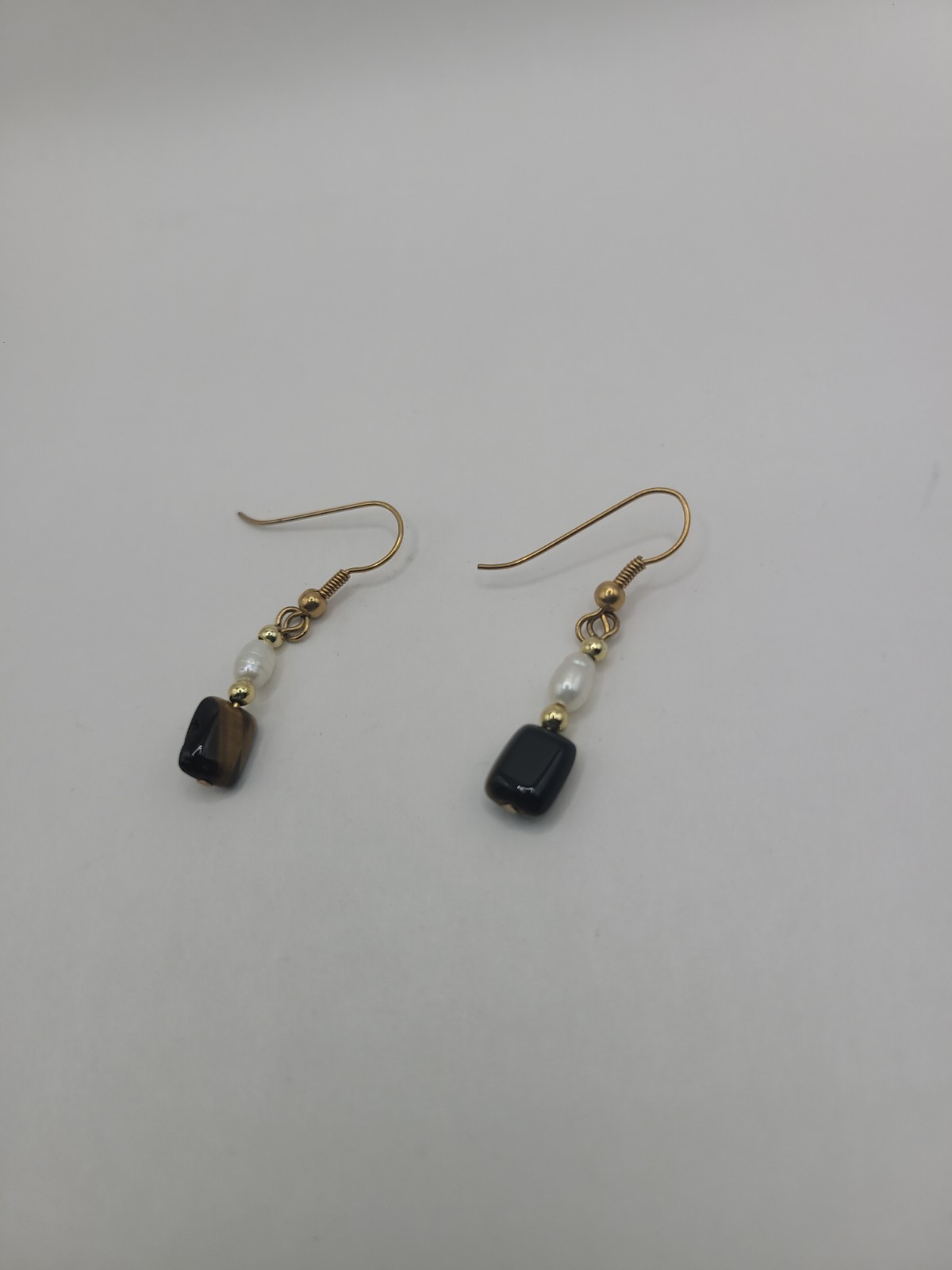Handmade Brown Black & White Beaded Dangle Earrings Gold Tone Fishhook Boho