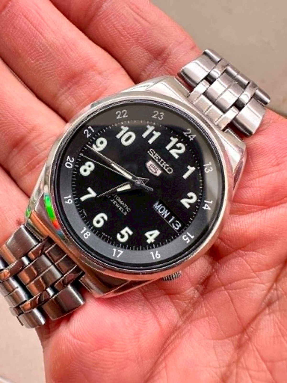 Vintage Seiko 5 Automatic SNK381K1 Military Black Dial Full Lume Numbers Watch