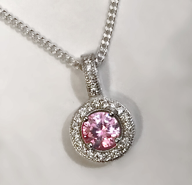 925 REAL SILVER RHODIUM PLATED *** Cubic Zirconia Pendant Rose Pink 16 mm, Chain Opt.