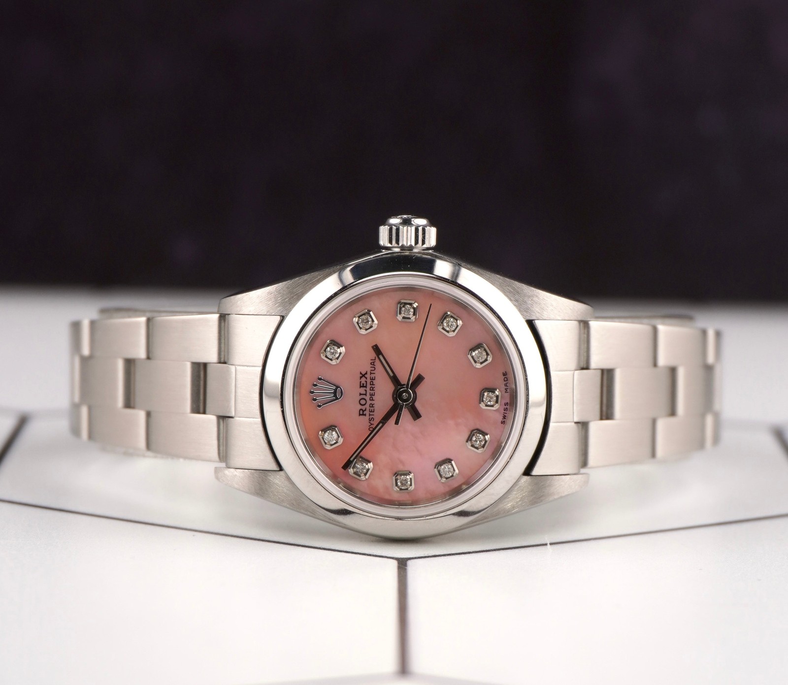 Rolex Oyster Perpetual 25mm Steel Pink MOP Diamond Smooth Oyster Watch 67180