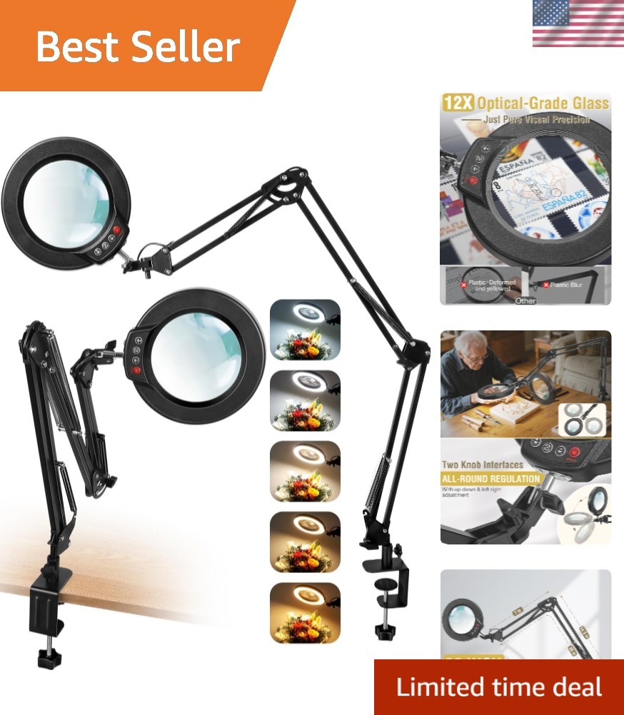 12X Magnifying Glass with Light and Clamp, Ultra Long 3 Section Swing Arm LED…