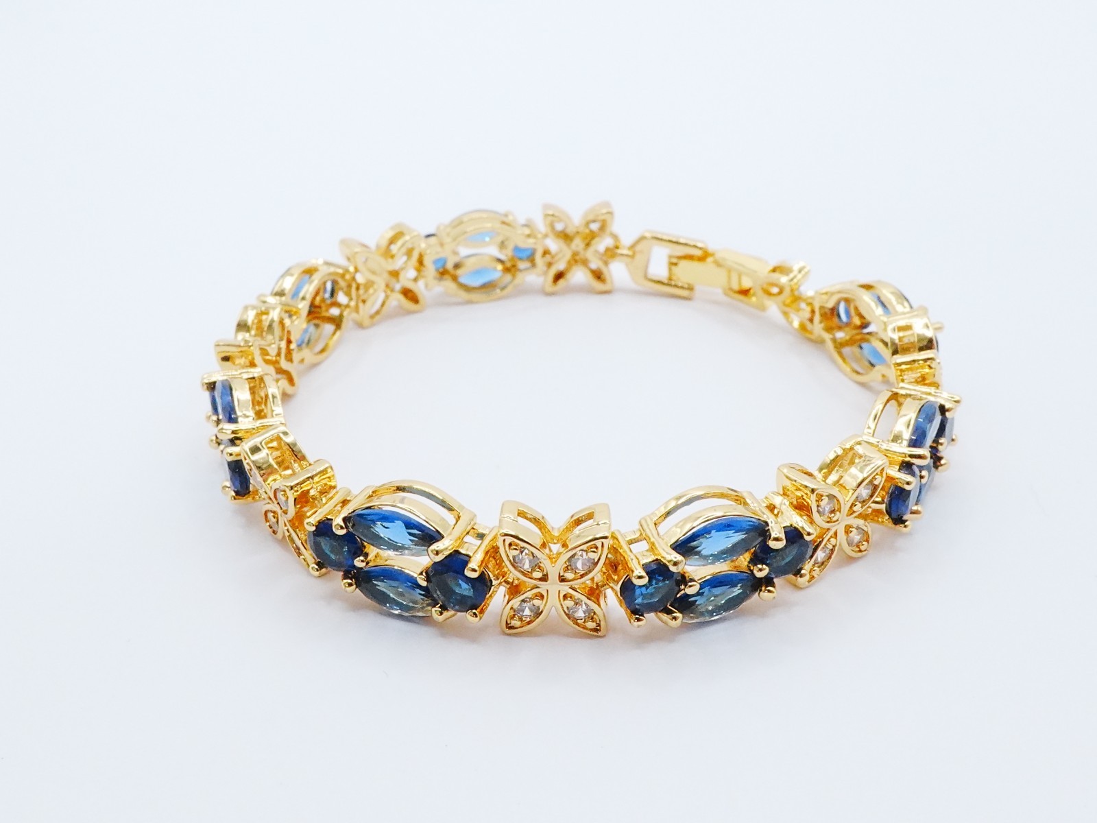 Bracelet Blue Gemstone & Cz Diamond 24K Yellow Gold Plated 7″ Women Jewelry