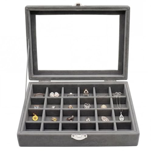 Zorfeter 24 Grid Velvet Jewelry Box, Lockable Organizer with Clear Lid Grey