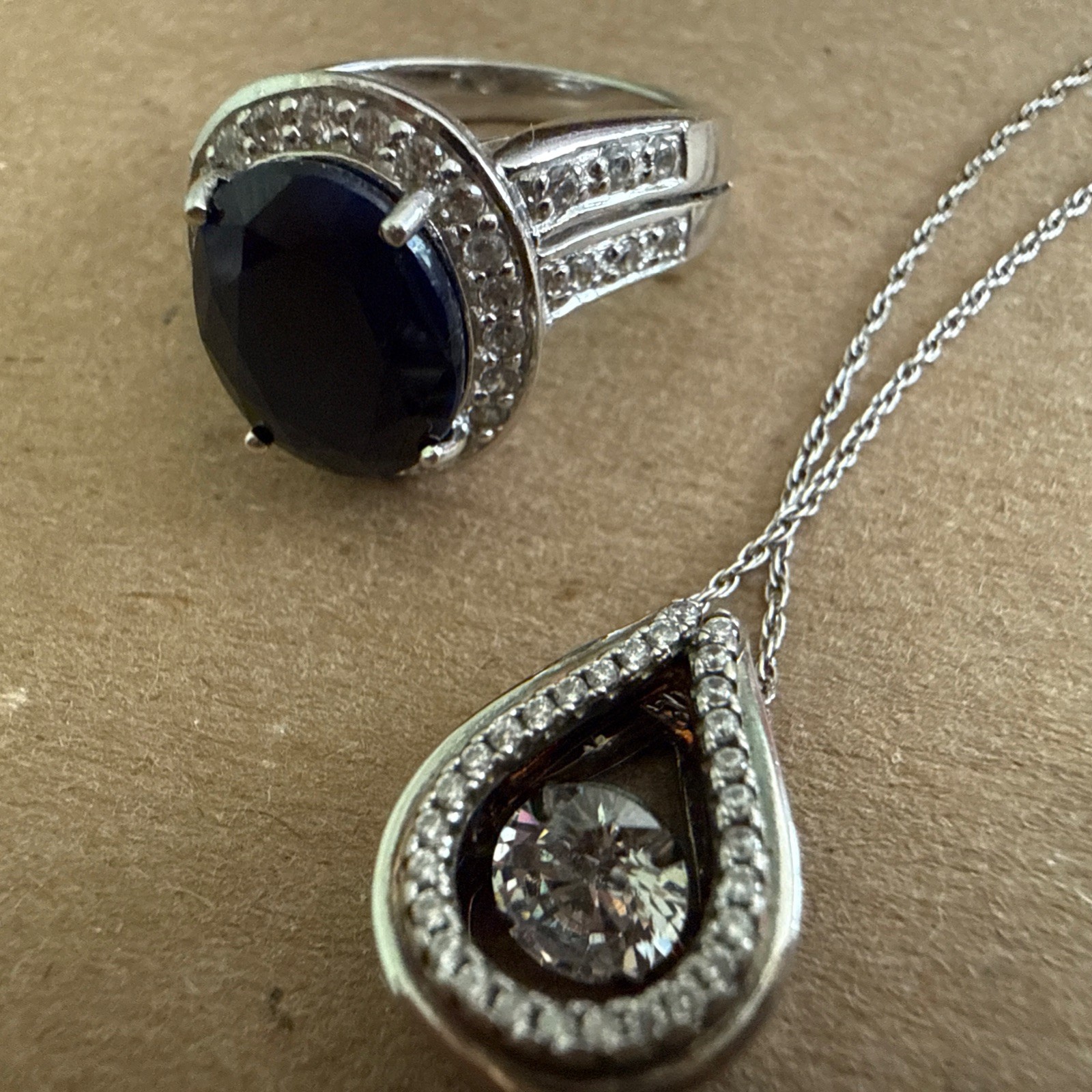 925 Lot Of 2 Jewelry Silver Necklace Pendant With Chain & Ring Blue Stone Stamp