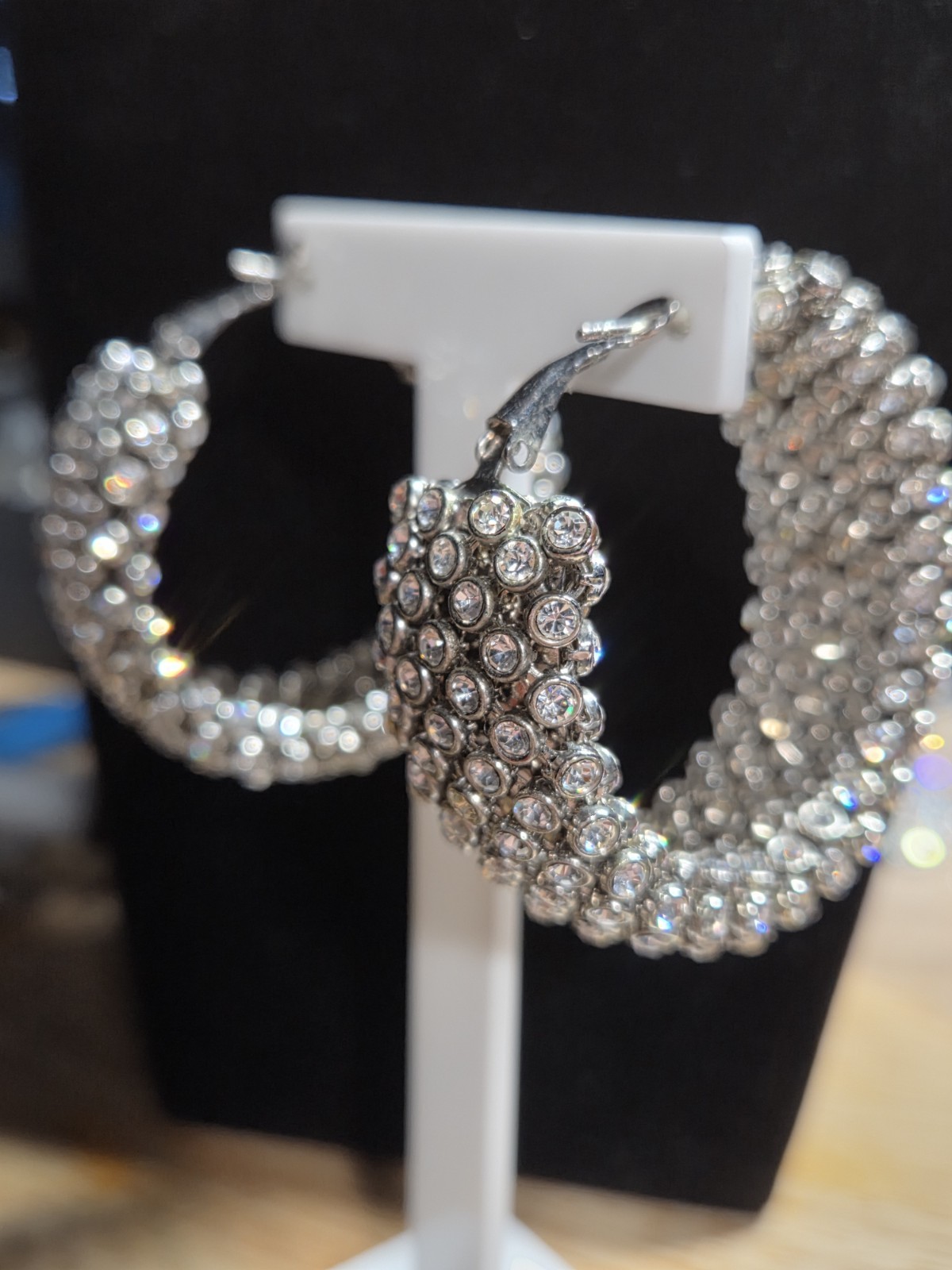 Silver Tone Clear Rhinestone Wide Hoop Earrings 2″ Sparkly Latch Back