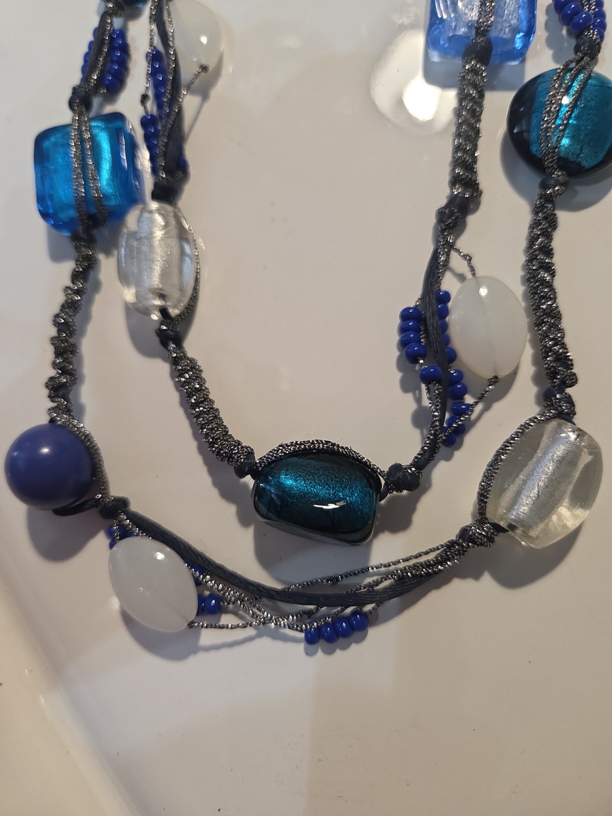 Chico’s Blue Glass Beaded Multi Strand Statement Necklace Adjustable Silver Tone