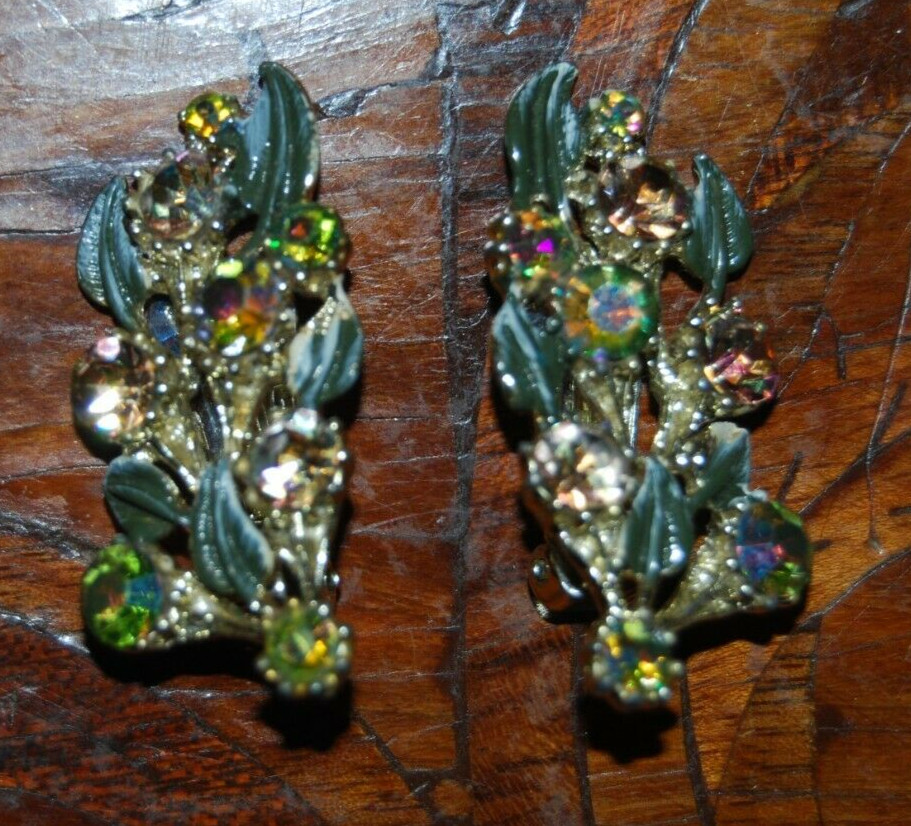 Elegant Vtg MCM Couture Enamel & Crystals Rhinestones Ear Climbers Clip Earrings
