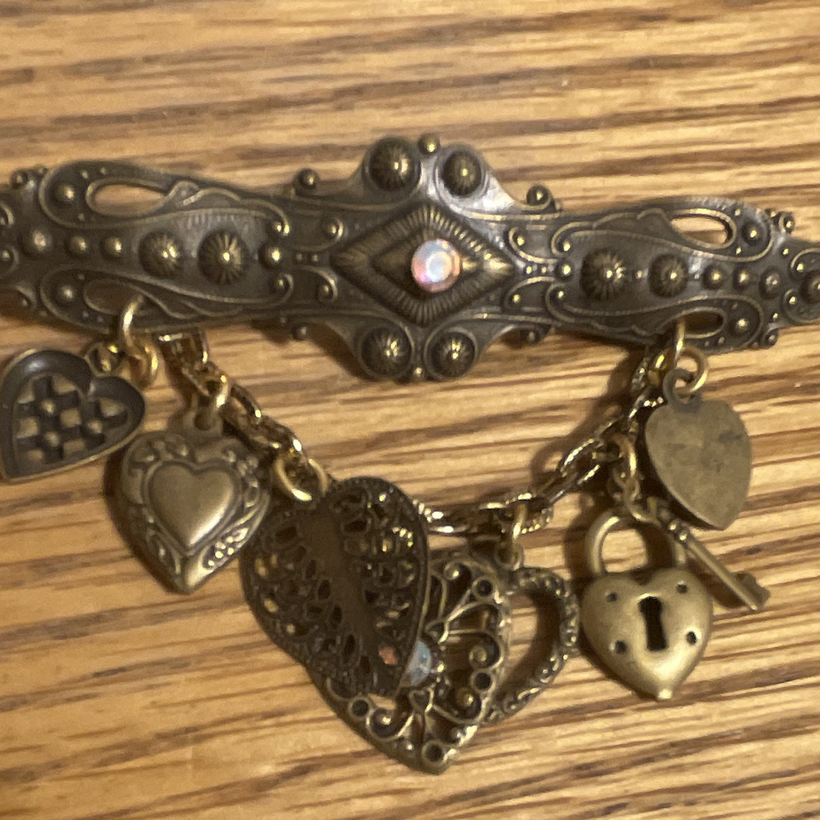 Gold & Silver Tone Heart Dangle Brooch Pin w/ Clear Crystal Accent