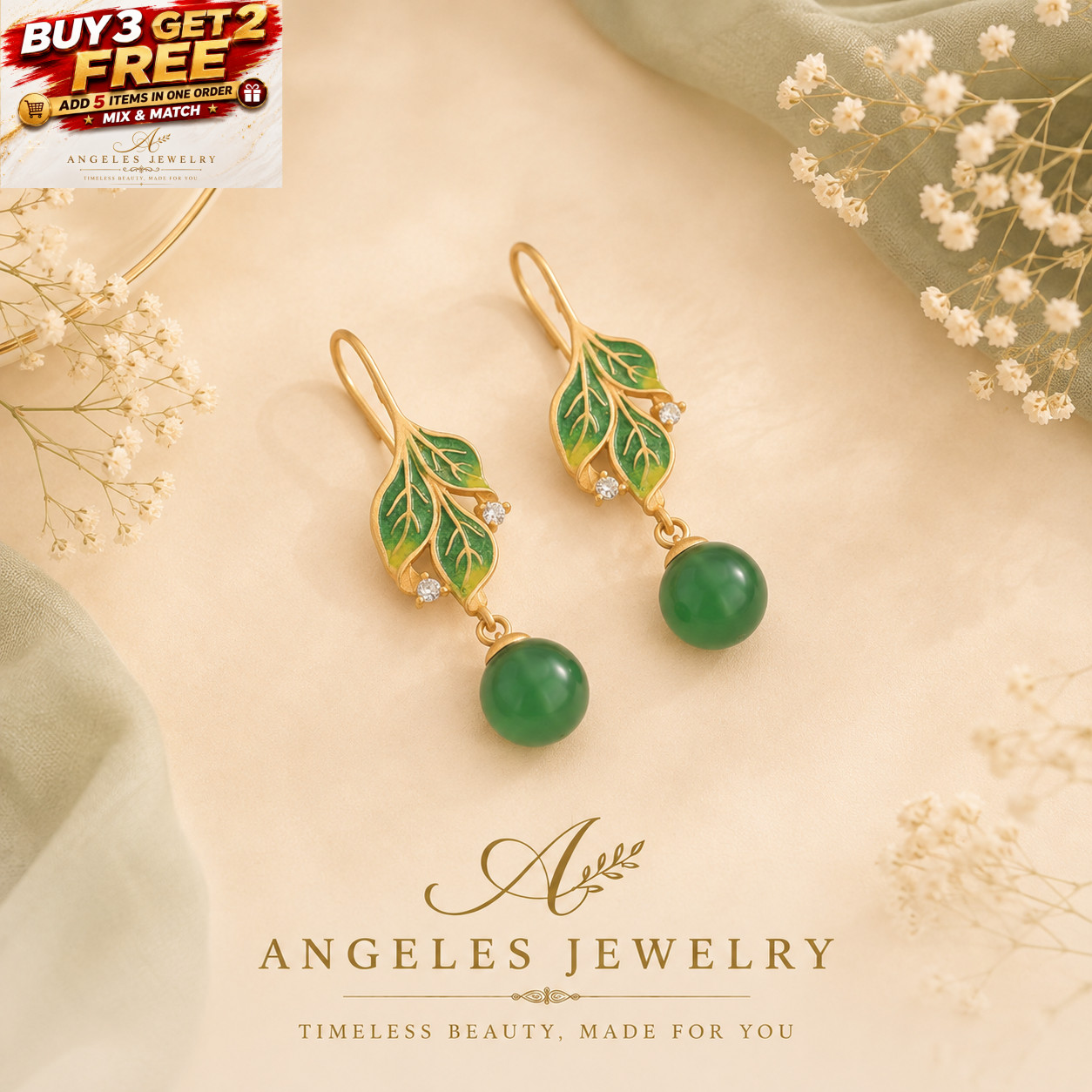 Green Jade Drop Dangle Earrings Boho Gemstone Leaf Design Hook 18K Gold Plated