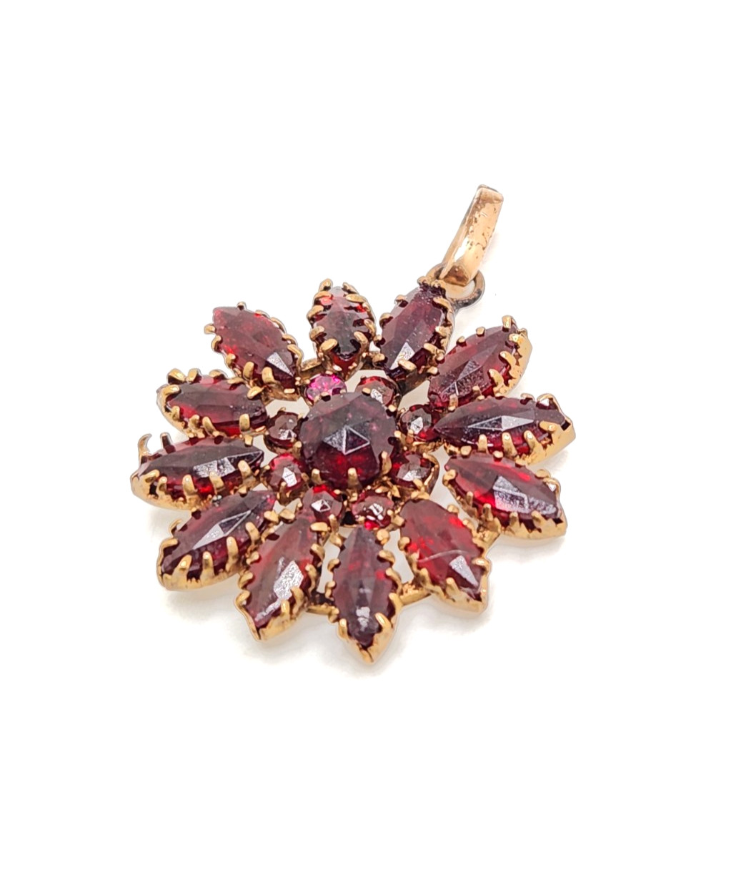 Vintage Gilt Metal Bohemian Red Glass Stone Starburst Floral Pendant 1 3/8″ Tall