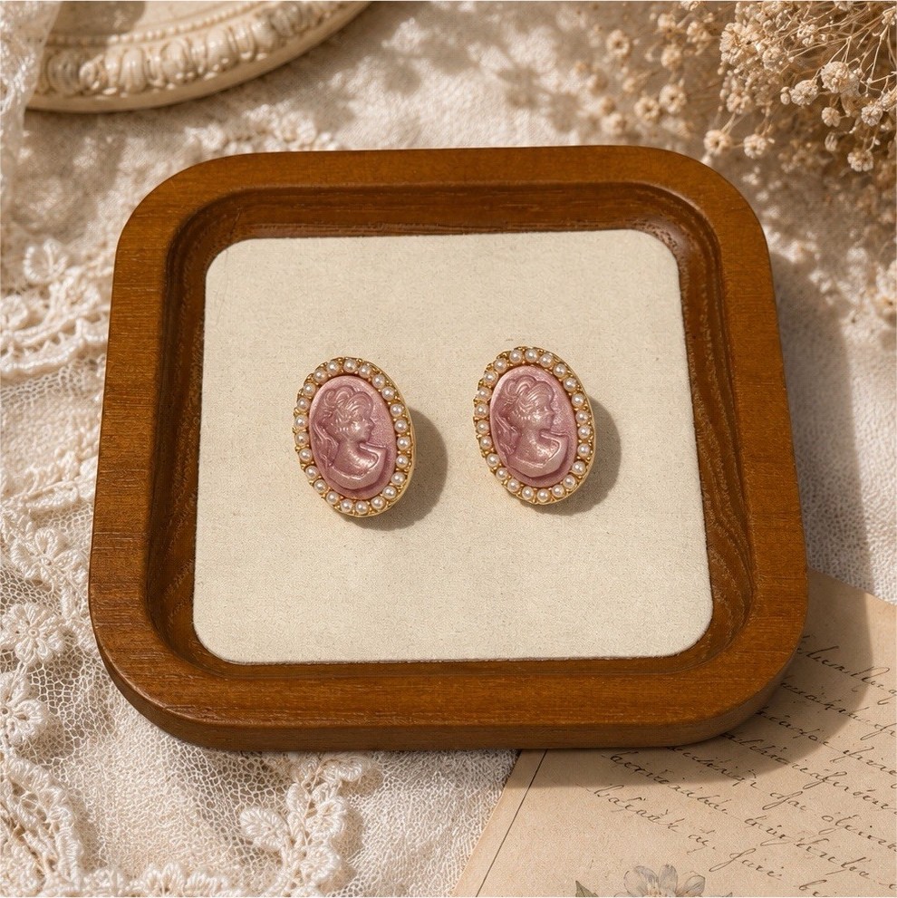 Pink Cameo Pearl Earrings Vintage Victorian Style Studs