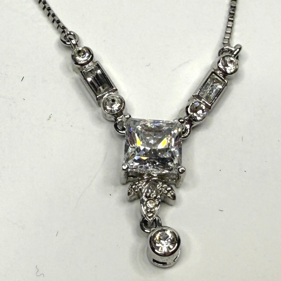 Princess Cut Cubic Zirconia CZ Y Drop Pendant Necklace Silver Tone Jewelry 8.5in