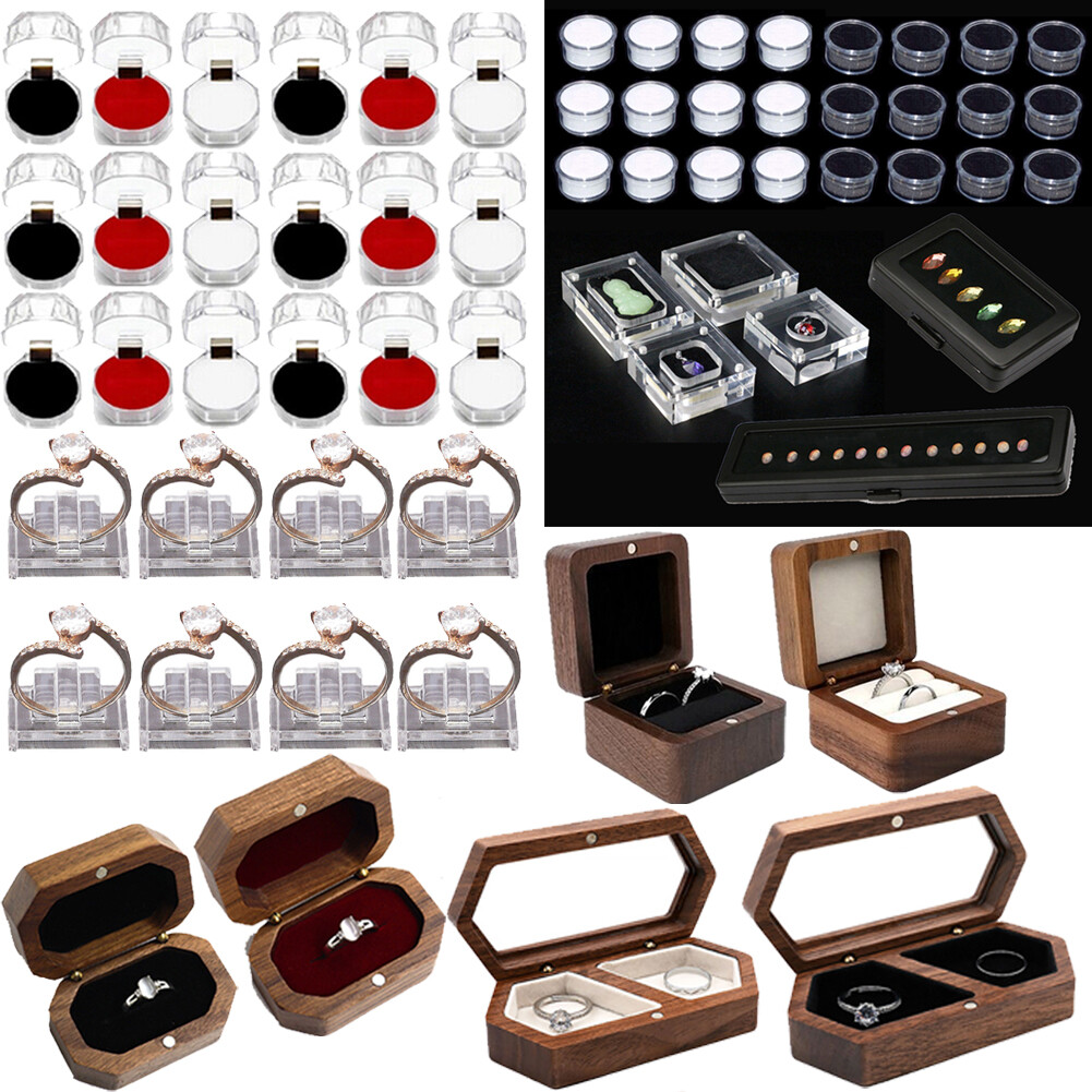 Walnut Wood Ring Display Box Plastic clear Crystal Box Jewelry Gems Storage Box