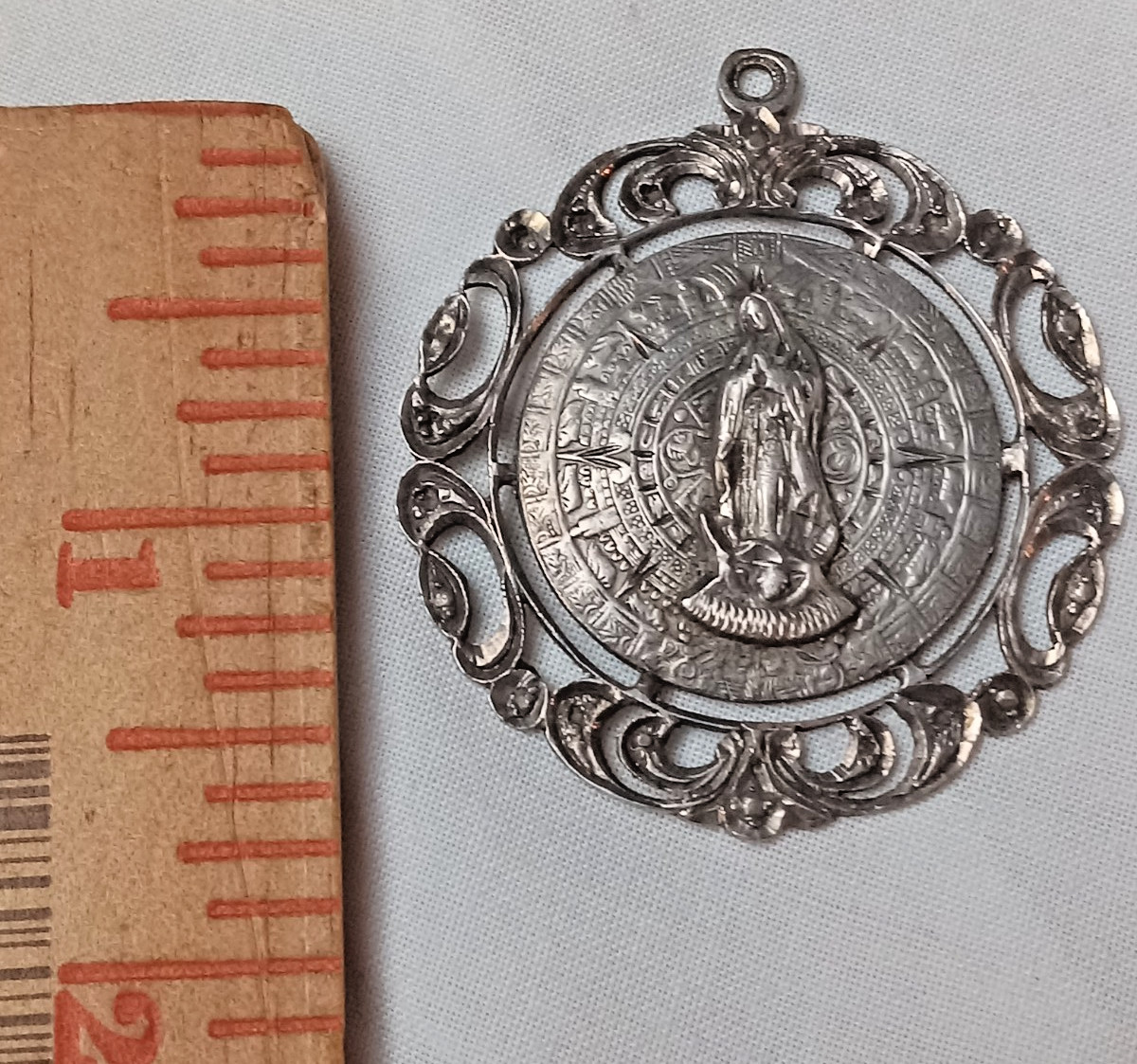 VTG Virgen de Guadalupe over Aztec Calendar 40.6 mm Medal Pendant