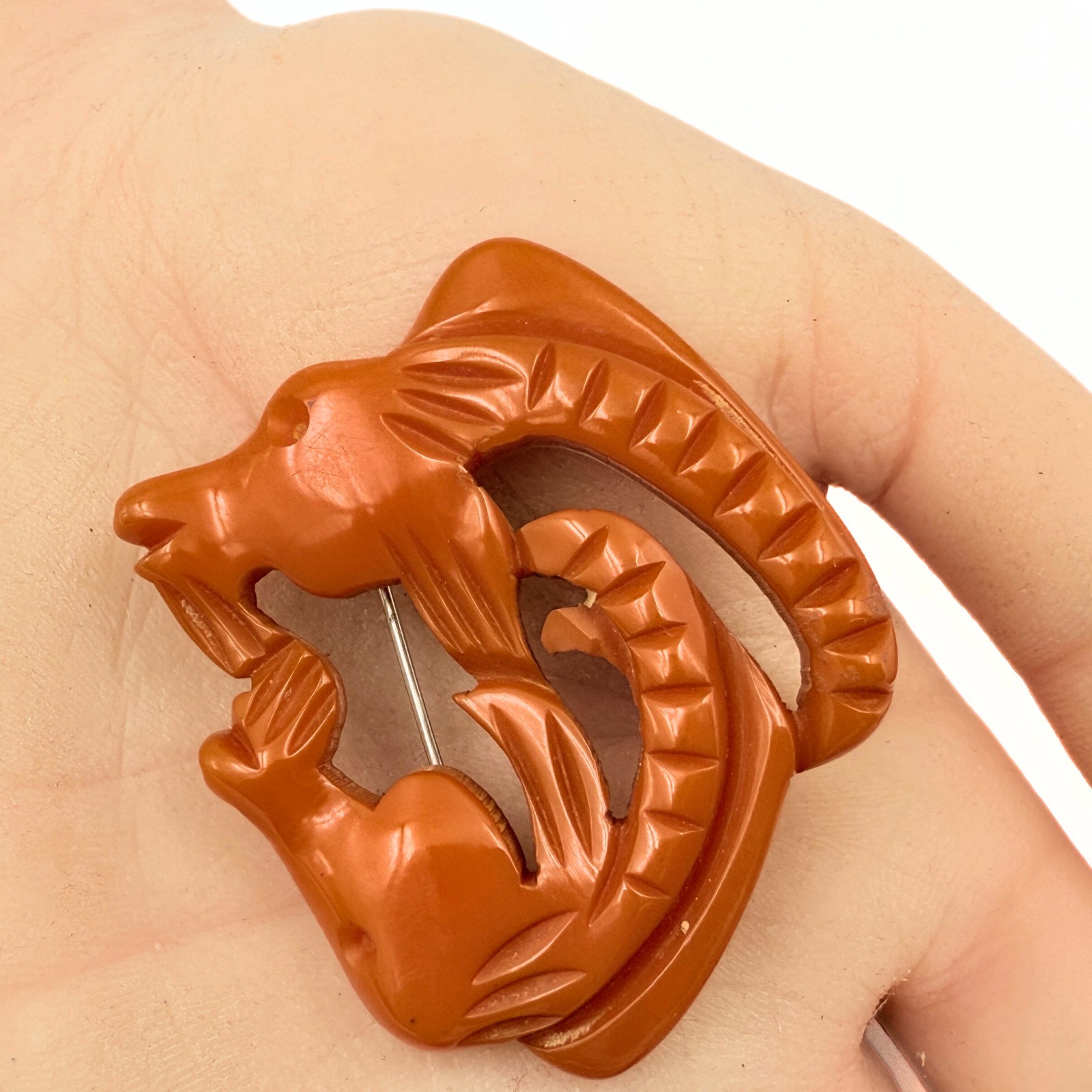 Vintage Chinese Export Carved Chestnut Bakelite Figural Goats Head Brooch