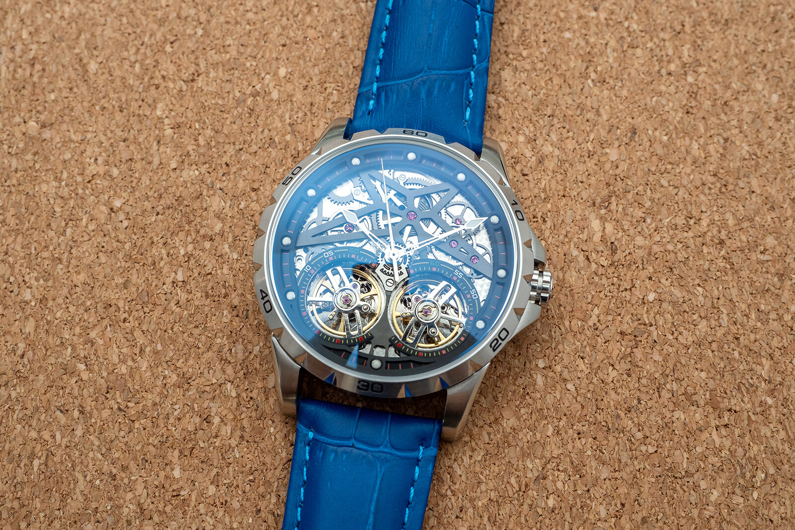 Mens Silver Double Flywheel Skeleton Automatic Mechanical Watch Blue Leather