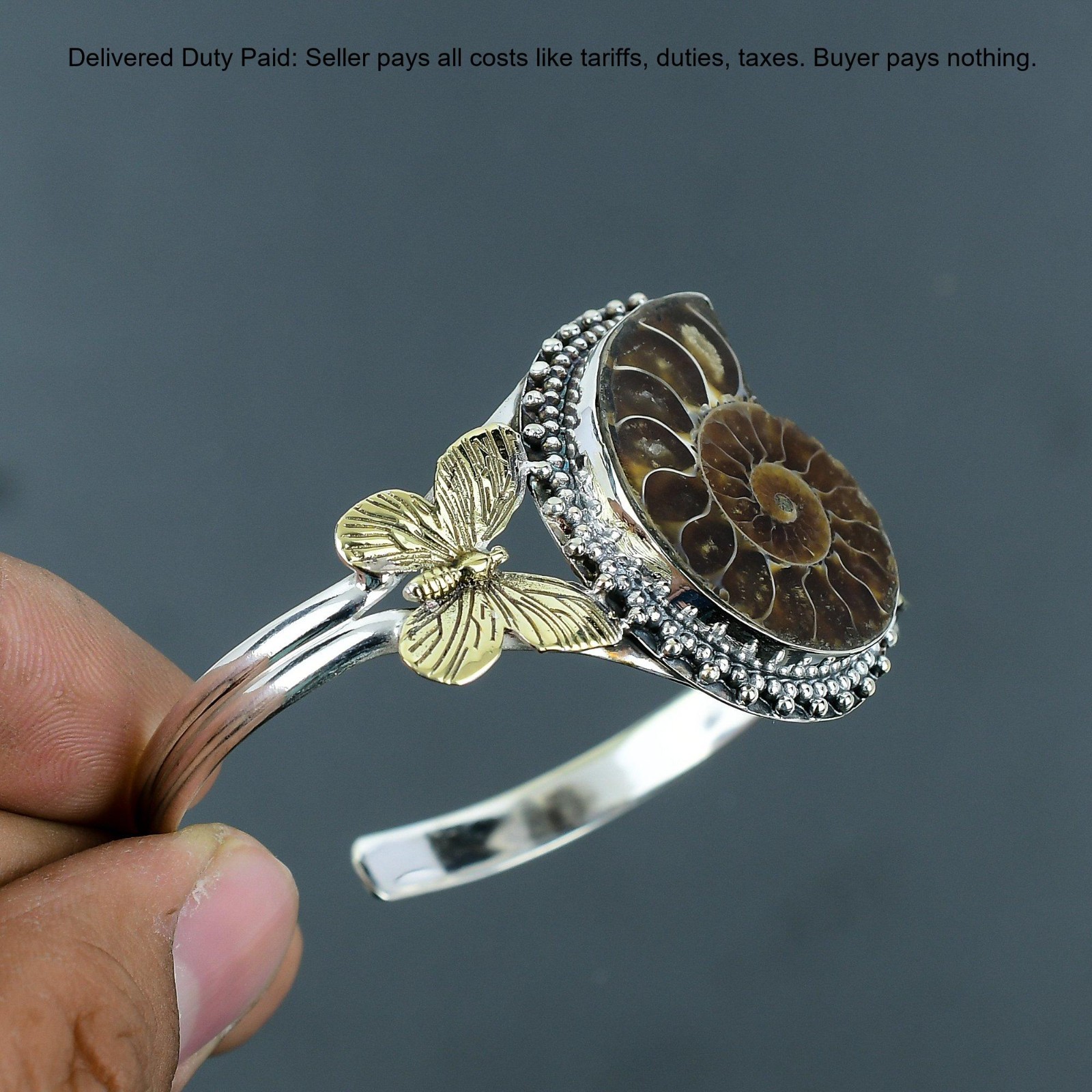 Christmas Deal Ammonite Fossil Gemstone Bezel Bangle Jewelry 925 Sterling Silver