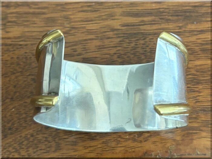 Vtg. Taxco Mexico Modernist Sterling Silver & Brass Cuff Bracelet (TJ-37), 46.6g