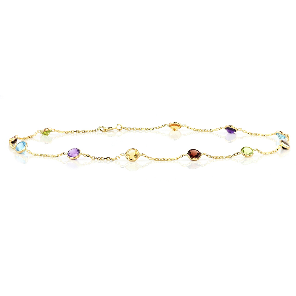14K Yellow Gold Round Shaped Gemstone Anklet Bracelet 9.5 Inches