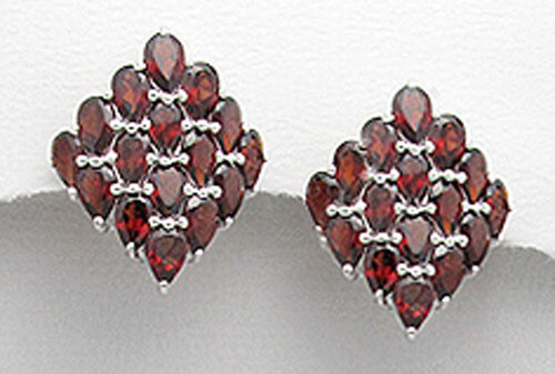Sterling Silver Natural Red Garnet Cluster Stud Earrings 1″ Long English Lock