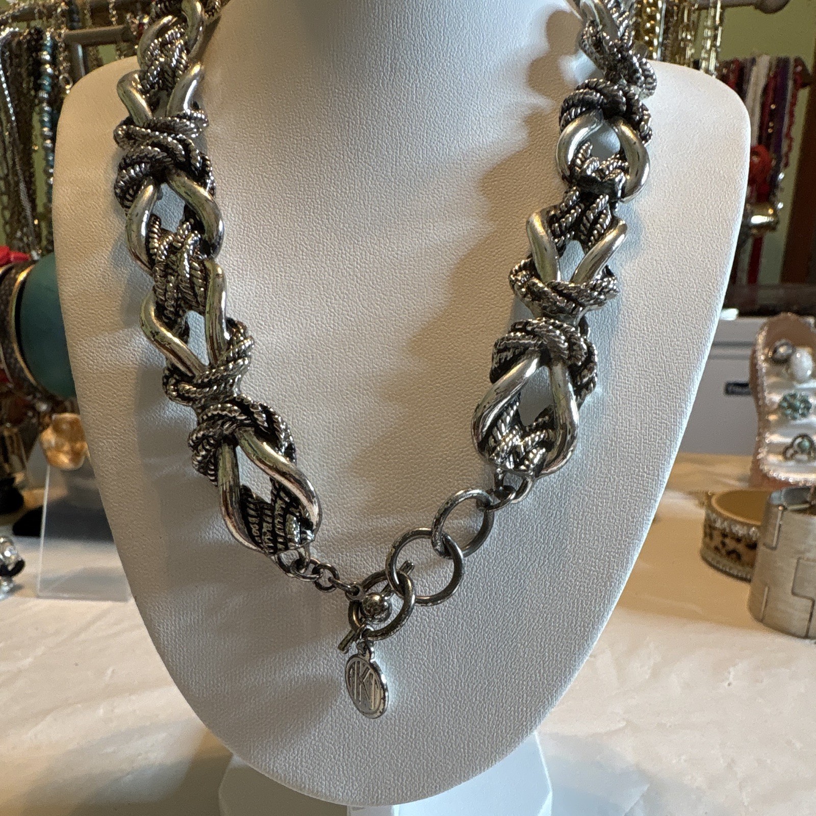 DKNY Silver-Tone Chunky Link Chain Statement Necklace Toggle Round Charm Signed
