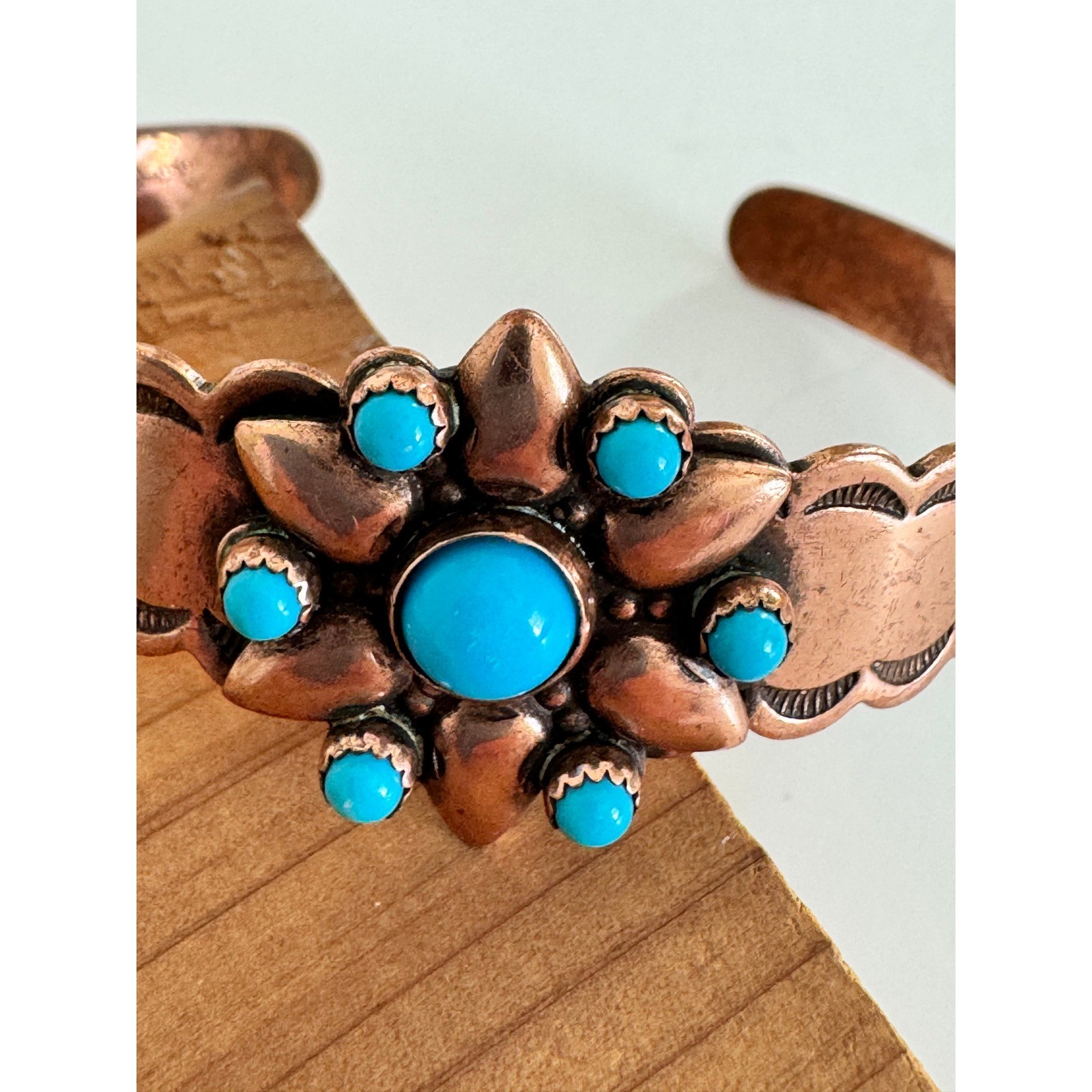 Vintage Solid Copper Faux Turquoise Cuff Bracelet Southwestern Stamped Design