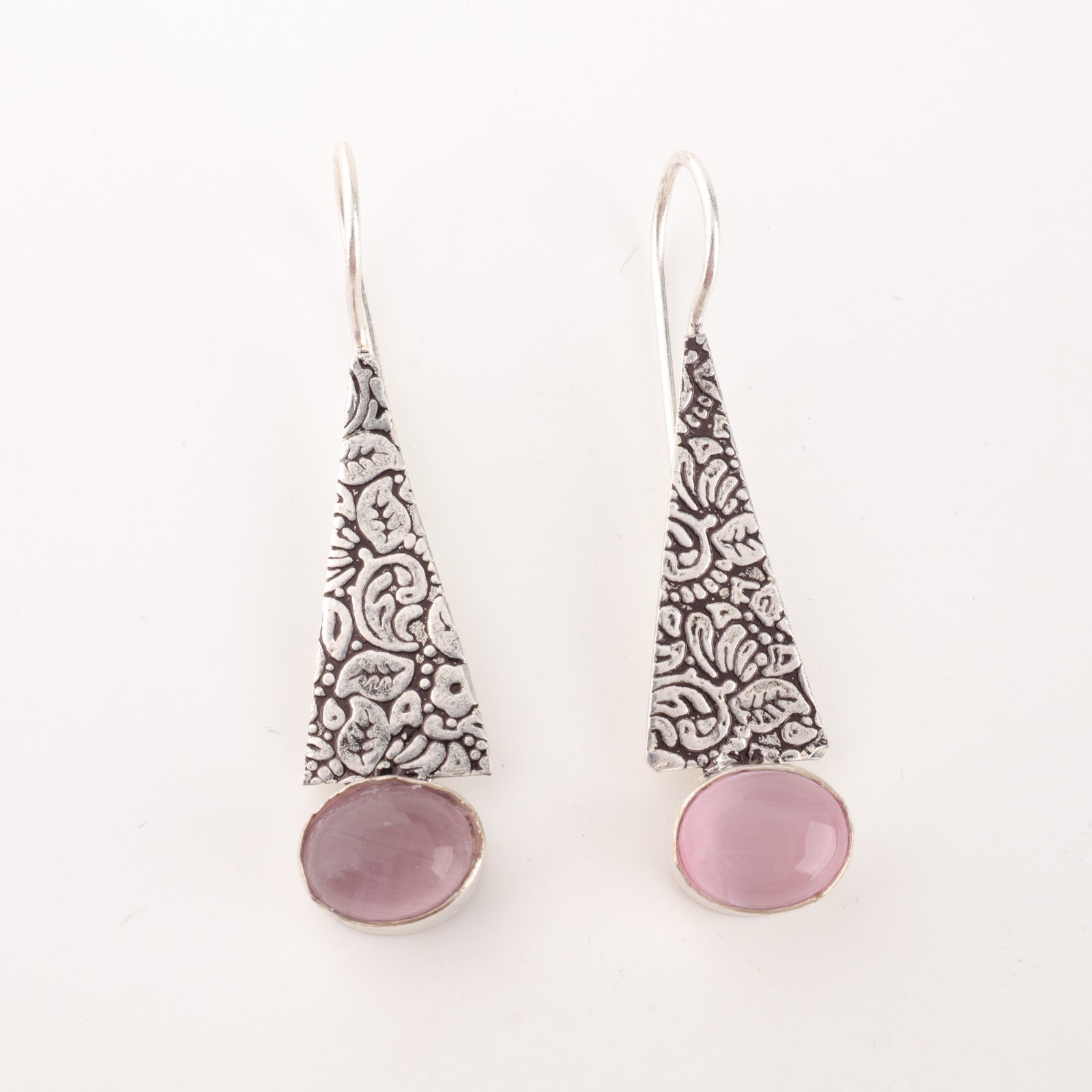 Oval Pink Cat’s Eye Gemstone Sterling Silver Bezel Drop Artisan Earrings Jewelry