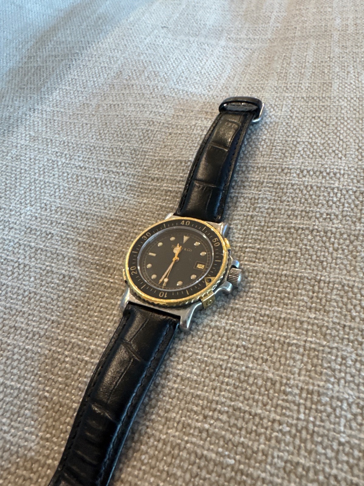 Tiffany & Co. Vintage Diver Watch Black Dial Two Tone Stainless Steel Quartz